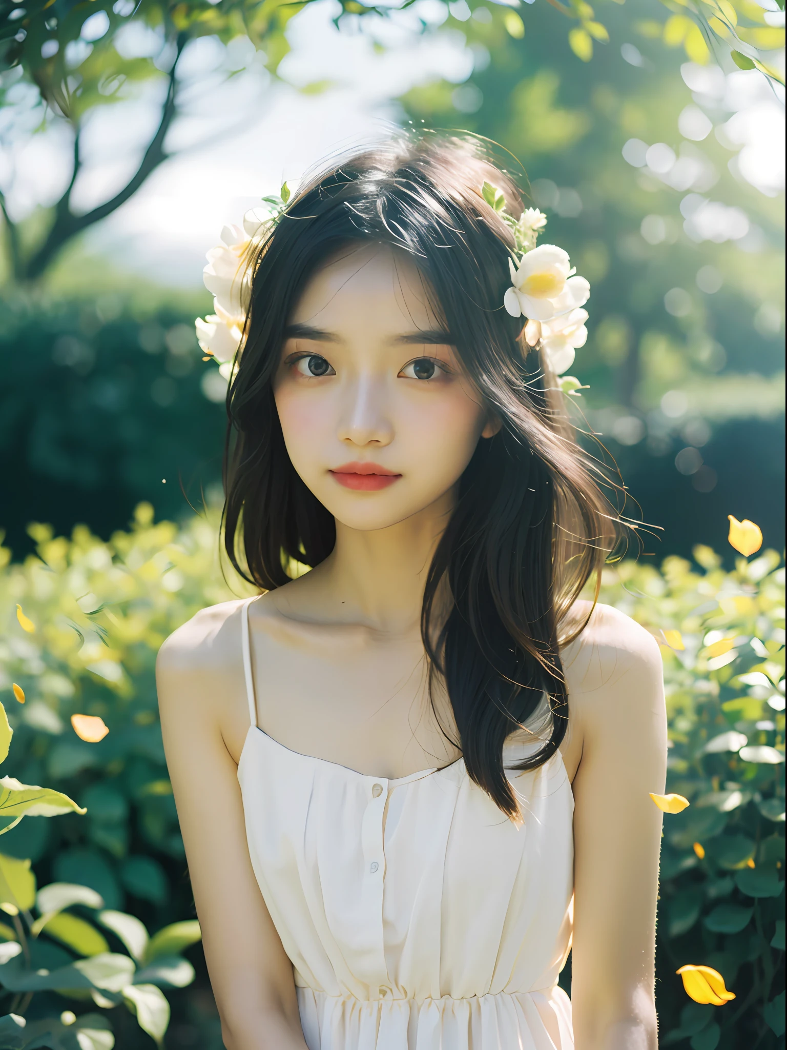 1girl, flowing sundress, floral headpiece, delicate makeup, (luminous eyes, smooth skin texture, gentle facial expression), golden hour lighting, serene garden setting, butterflies or flower petals, depth of field, warm color palette, whimsical atmosphere, high-resolution, soft focus.
portrait photography, 35mm film, natural blurry, filmg,