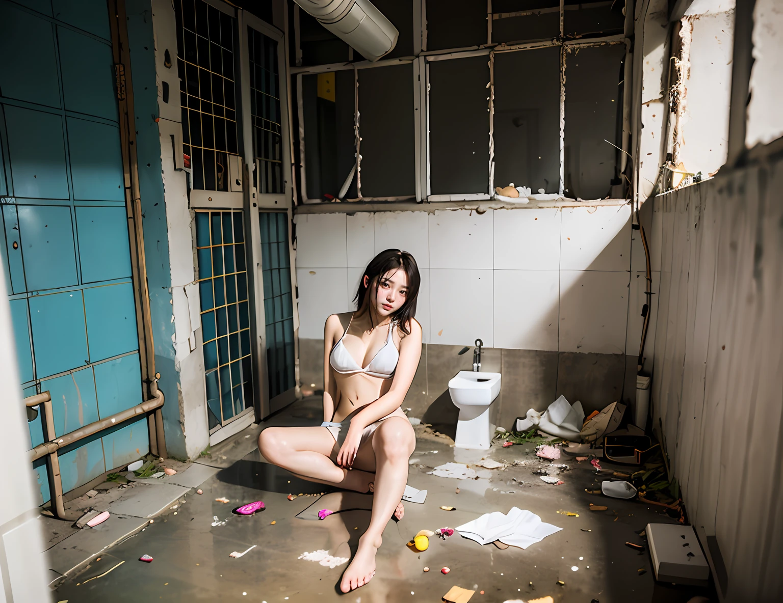 Sitting in the middle of an abandoned men's toilet,There is a men's standing urinal,Cigarette butts and littered toilet paper,Devastated,Broken doors and windows,Clutter piles up haphazardly,The ground is a mess,pee stain, Sweat, sewage, Splashes,The ground is dilapidated,Flesh-colored transparent bikini,Cloudy white liquid covering,facing at camera,Exquisite and perfect facial features,the most beautiful big eyes,Long eyelashes,The eyes are sweet and there are lying silkworms,Willow leaf arched his eyebrows,White and tender skin,Slender legs,Delicate and perfect human body structure,Barefoot,Spread your legs,Extreme picture quality,Highest accuracy,Extreme exhibitionism,South Korean beauties