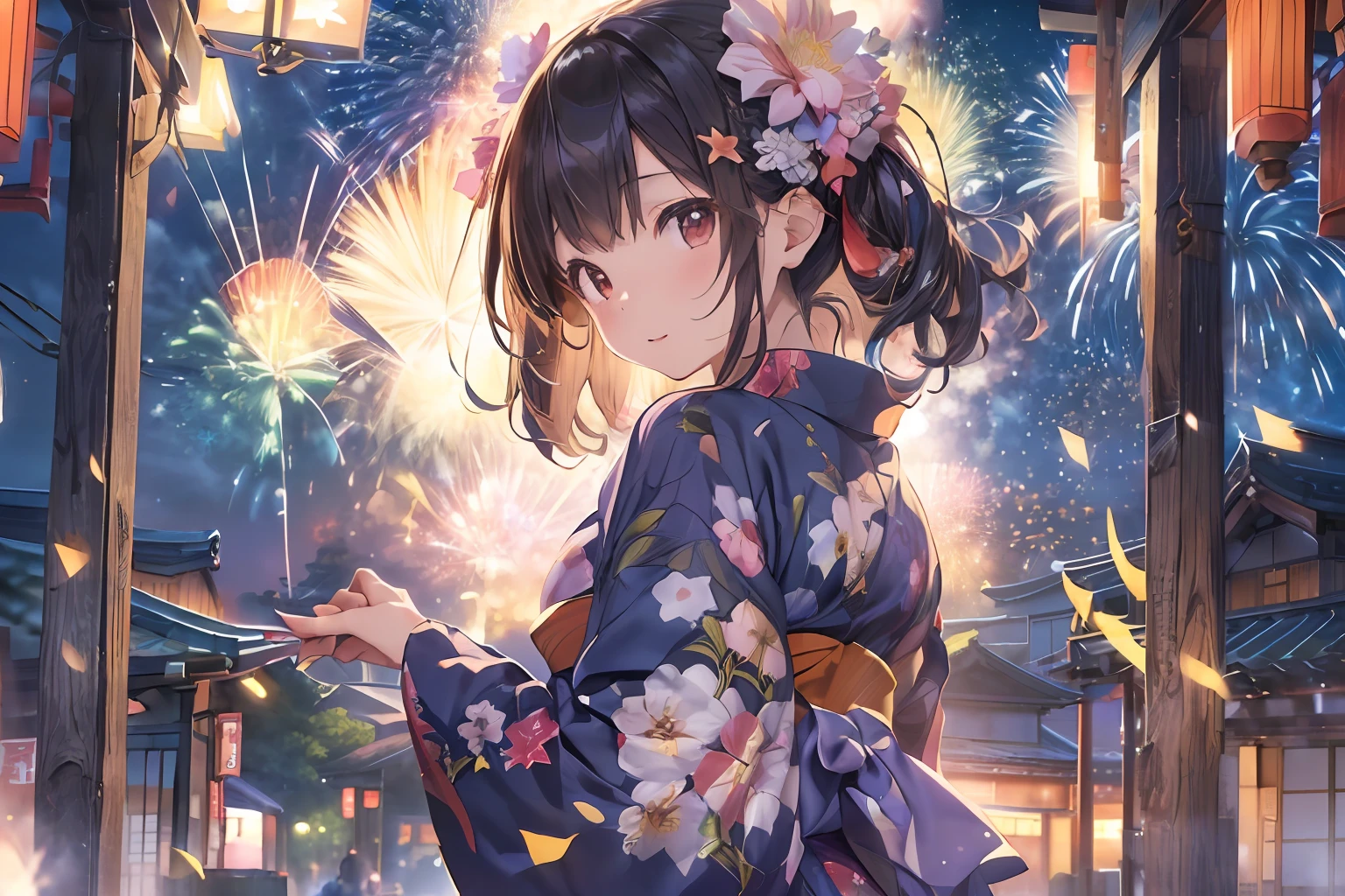 Beautiful Japan girl yukata、(Fireworks in the vast night sky),(top-quality、8K、32K、masterpiece、nffsw:1.3)、(Photorealsitic:1.4)、Raw photography、lite smile、hair adornments,Active Pose、skyrocket、Fireworks glare、depth of fields、lensflare、accurate hands