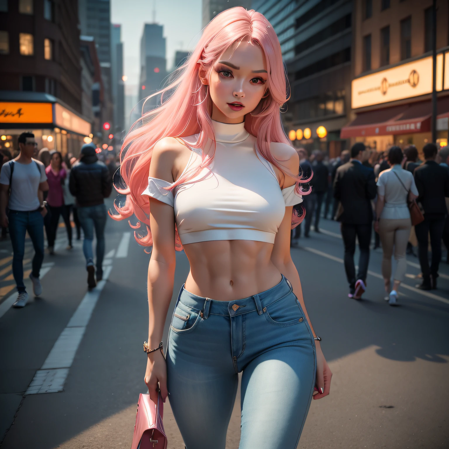 midynight, 8k, full bodyesbian, long leges, Focalors:1.2, perfect bodies,Beautuful Women:1.4, Slim abs:1.1, (Pink Long Hair, Slouching, whitet-shirt, denim pant,red high heel pumps,standing on your feet:1.2, city night scene, the roof:1.3,Perfect face line,Face highlights,The mouth line is perfect,Lipstick highlight