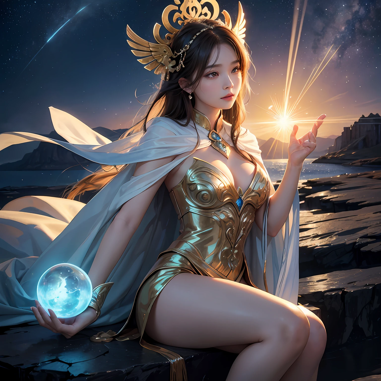 超高分辨率, best qualtiy, photore, 16k, tmasterpiece:1.3,(realisticlying: 1.2), cinmatic lighting, Woman in the shape of a mythical god。It depicts the god holding the sun and moon,((Dynamic background),radiating with light,Aura shrouded),(dynamicposes),Cast magic,Sit on the crystal),Float on the crystal in a bright white cape,Ultimate face,(afloat:1.3),cosmic starry sky,stunning detailed, 64k resolution,for an immersive and realistic visual experience。Let your work capture the essence of myth and wonder,leaving viewers in awe of its beauty and power。