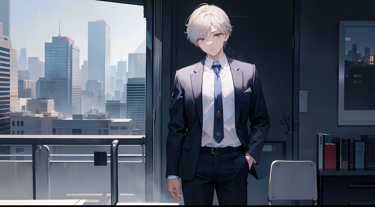 1boy, face focus, adult, business suit, jacket, white shirt, necktie, pants, best quality, hires, detailed face, office, buildings from window, detailed background, diffused sunlight, depth of field, bokeh