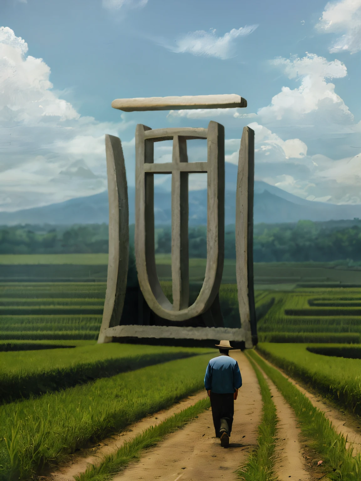 An old farmer carrying a flat burden, walking on the winding path of the countryside, big clouds, blue sky, rice fields, neat rice seedlings in the field, forest, hillside, secluded, countryside, HD detail, hyper-detail, cinematic, surrealism, soft light, deep field focus bokeh, ray tracing and surrealism. --v6