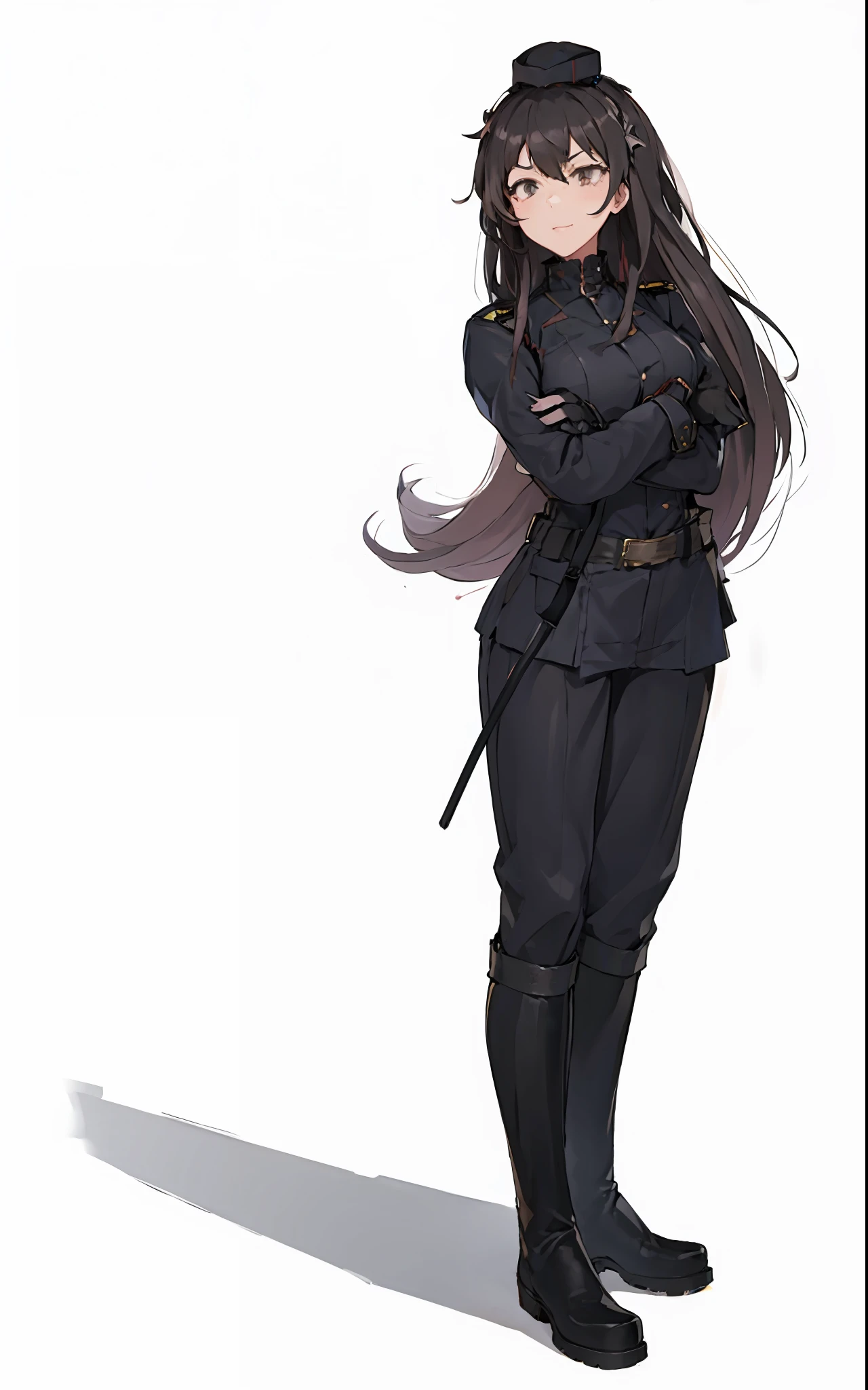 Adult, female, standing,( black knee-high boots), uniform, confident, (smug:0.75), (smirk:0.7), gloves,belt, dominatrix, riding crop, military hat, grey pants, hair clip, arms crossed