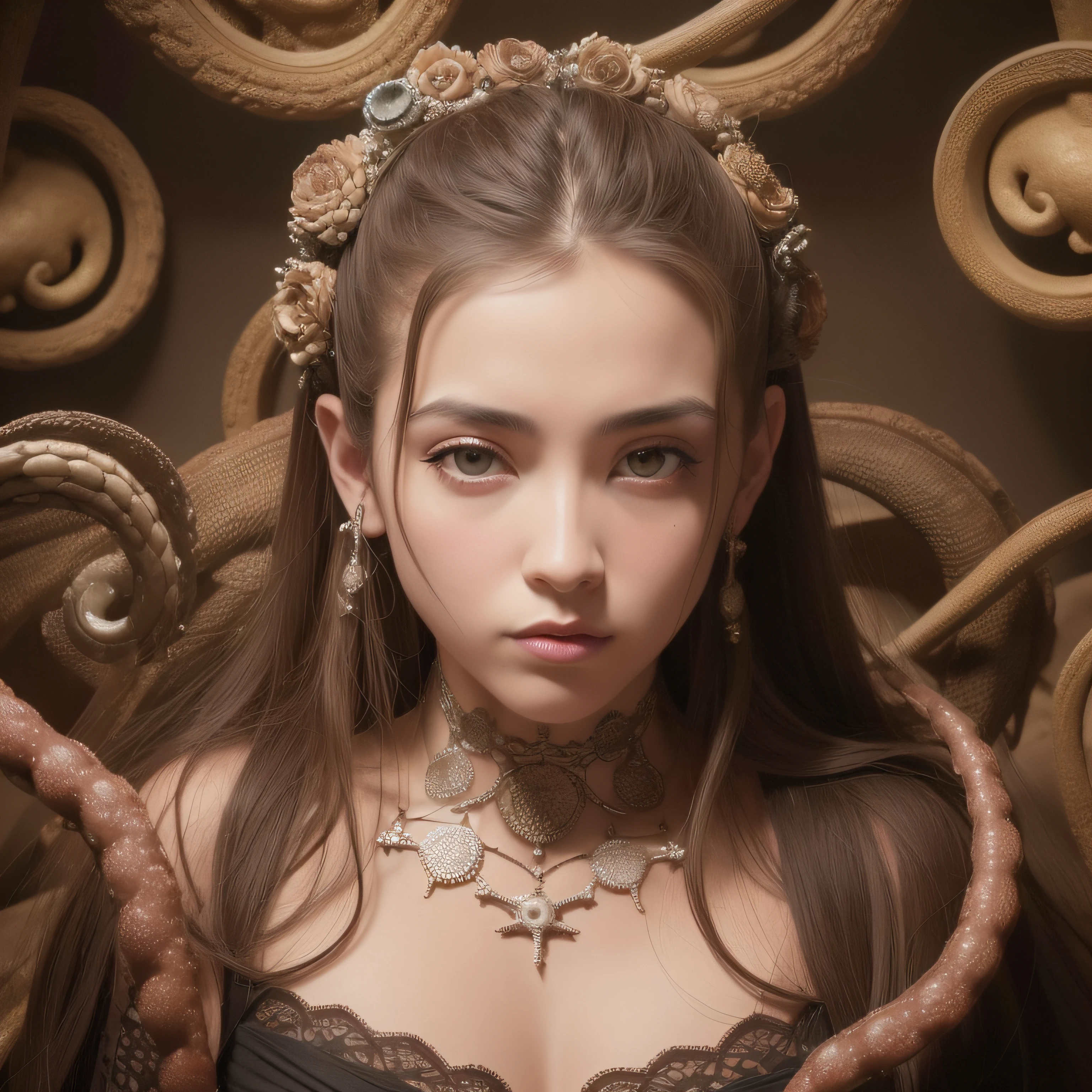 (extremadamente detallado, obra maestra, La mejor calidad), Estilo oscuro, intense illumination, rostro con arrugas, lengua larga, tentacle, deforme, monstruoso, un anciano con Colmillos finos, amenazante. Rococo composition. Luz de caravaggio