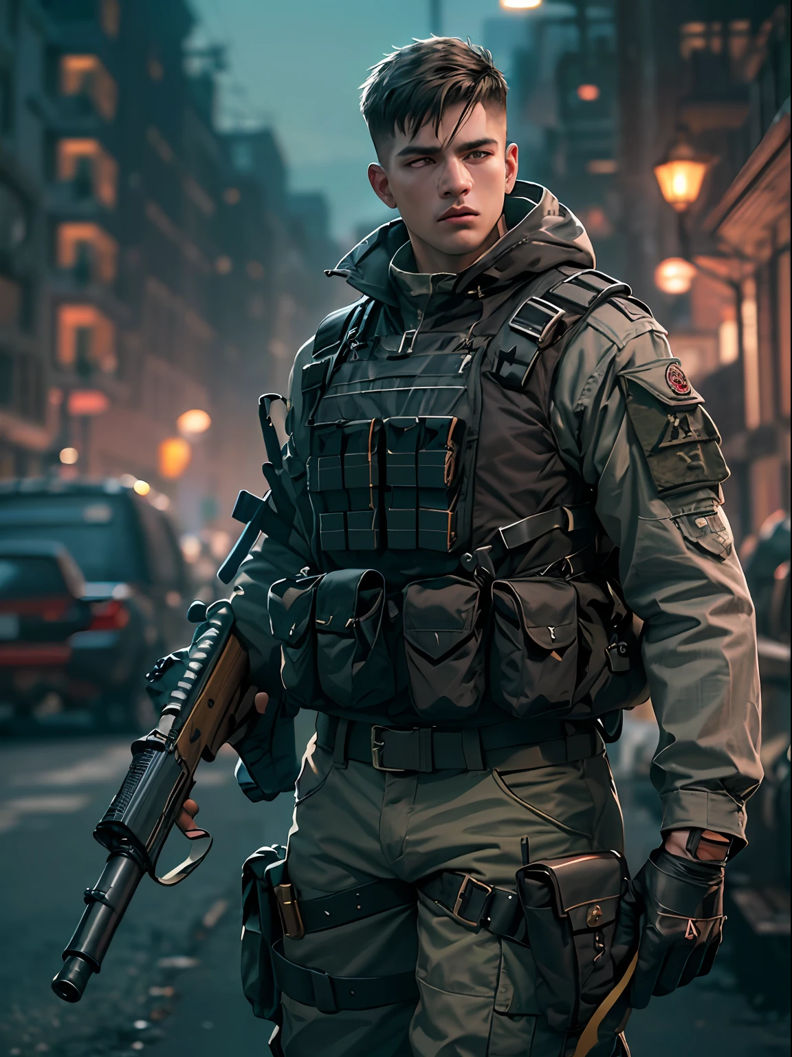 Unreal Engine 5 8K UHD of young man military (Soldier with dark uniform and rifle, ammo belt, military bulletproof vest, cargo pants, glove, radio, grenade:1.2), (glowing eyes:1.1), (supermodel:1.4),(muscular:1.3), steampunk city background, best quality. stylish, rutkowski, hdr, intricate details, hyperdetailed, cinematic, rim light, danger atmosphere.