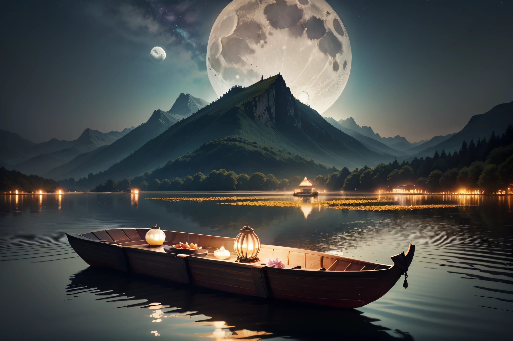 the night，themoon，Skysky，mountains and rivers，Lake surface，lotus flower，A small boat on the lake，With the atmosphere of the Mid-Autumn Festival