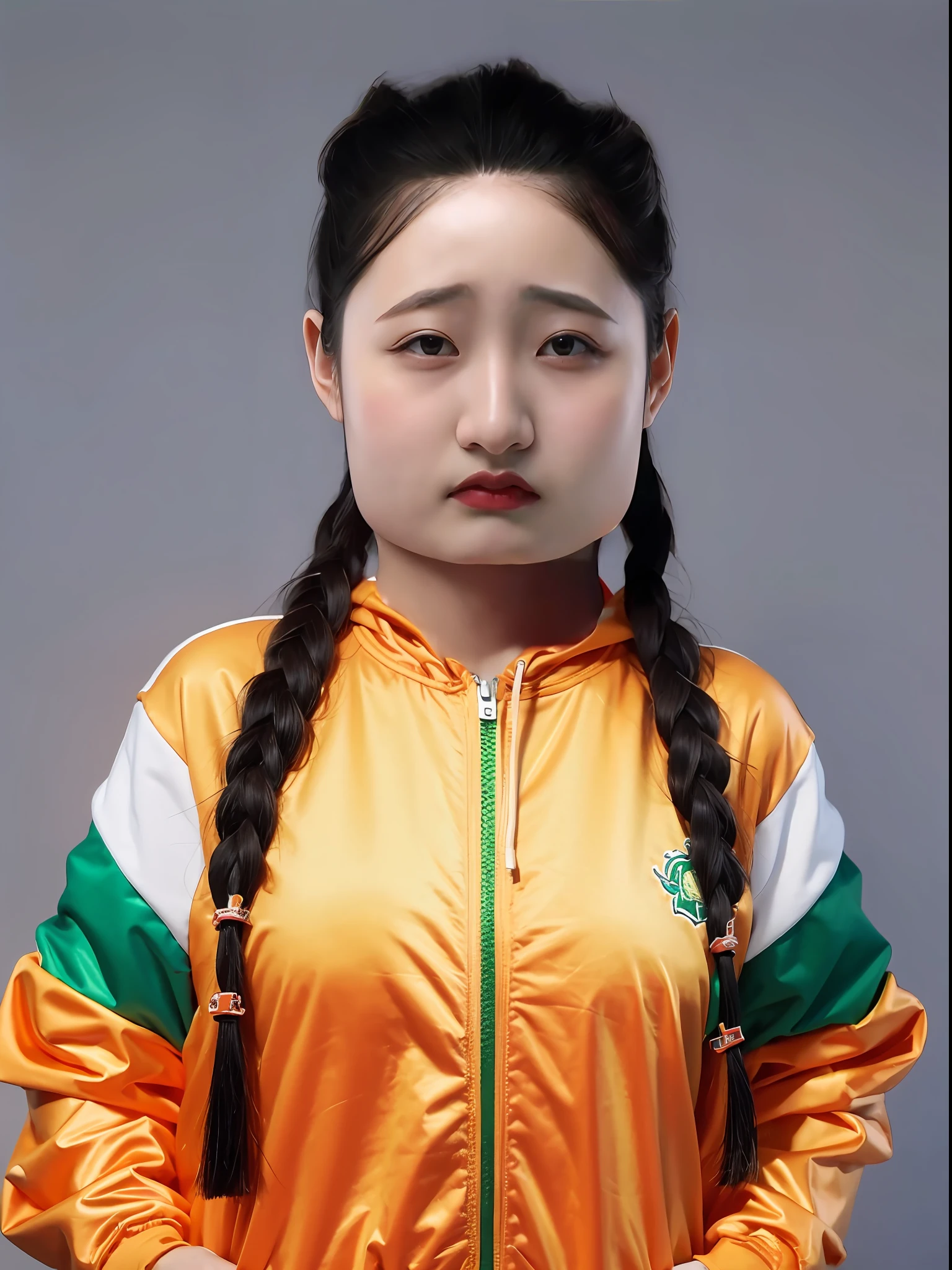 A Chinese high school girl,Wear a green skinny PVC zippered sweatshirt,long braid
