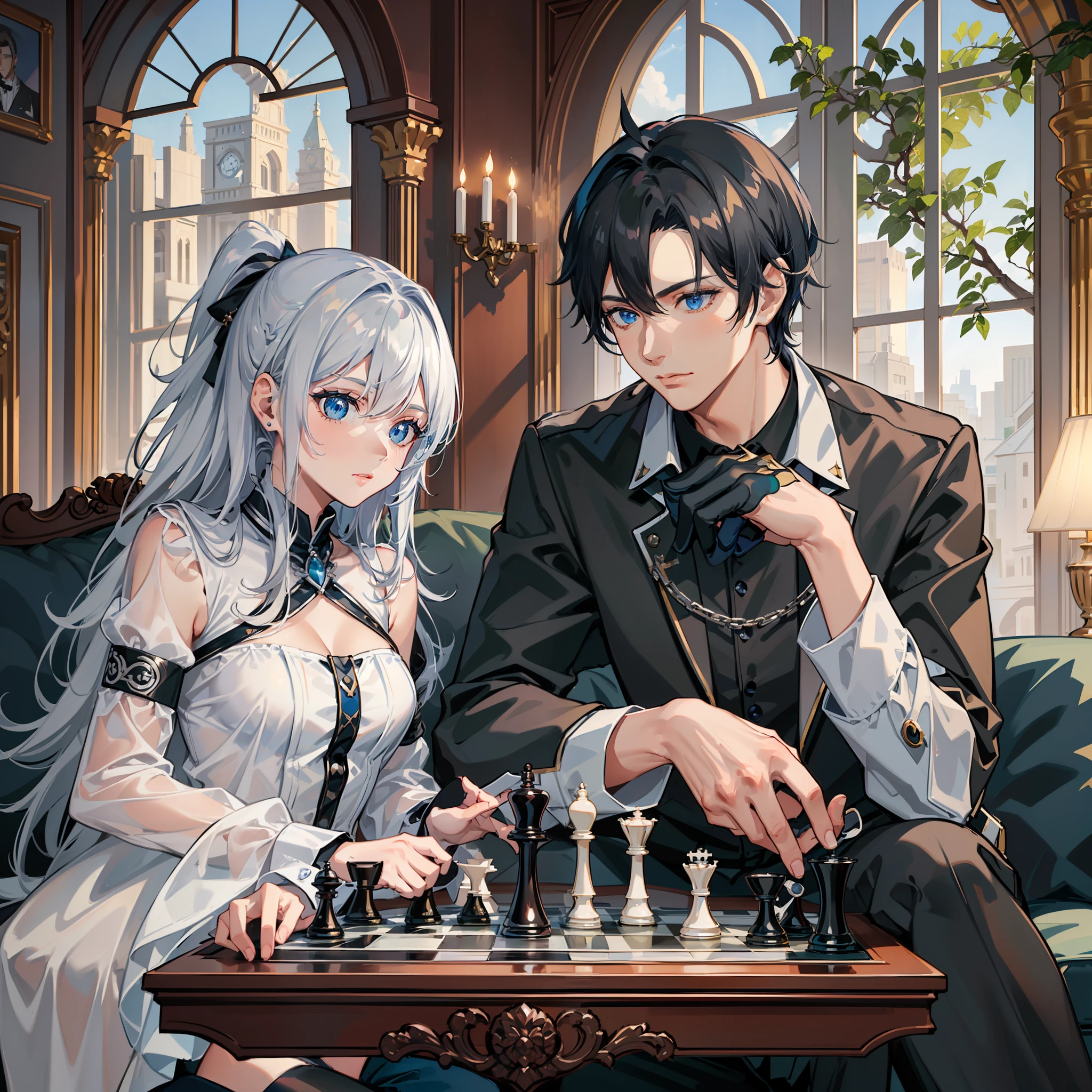 a black haired man with dark blue eyes and a silver haired woman sitting on a elegant sofa, ((1 man, (black haired male), handsome, blue eyes, long pants)), ((1 woman, (silver hair female), blue eyes, beautiful, flat chest, long sleeve uniform)), academy uniform, magic academy, library, green blueish uniform, wearing magic academy uniform, detailed hand, chess board, table chess, pieces of chess, 8k, HD, masterpiece, detailed accessories, king and queen, detailed face, soft lighting, morning, mesmerizing sunlight