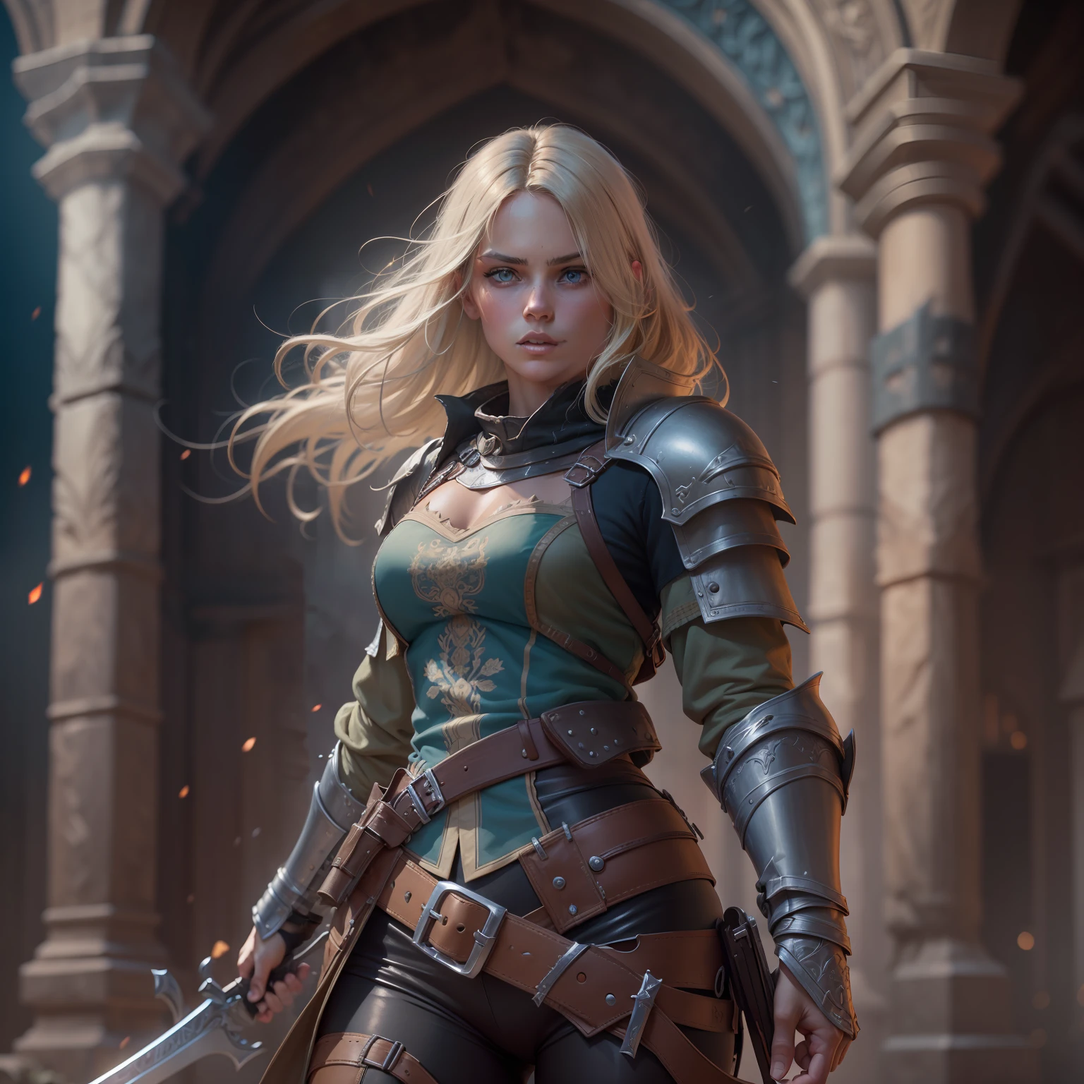 a European girls, solo, Blonde, tanned skin, cold-looking blue eyes, thin face, ripped body, wearing leather armor, leather legging, highnoon boots, carry a sword by waist and 2 pistol behind waist, medival, fantasy knight, realistic shadows, high quality, ultra detailed in 4k, 8k, high resolution, sharp focus, depth of field, faded, (neutral colors:1.2), (hdr:1.4), (muted colors:1.2), hyperdetailed, (artstation:1.4), cinematic, warm lights, dramatic light, (intricate details:1.1), complex background, (rutkowski:0.66), (teal and orange:0.4)"