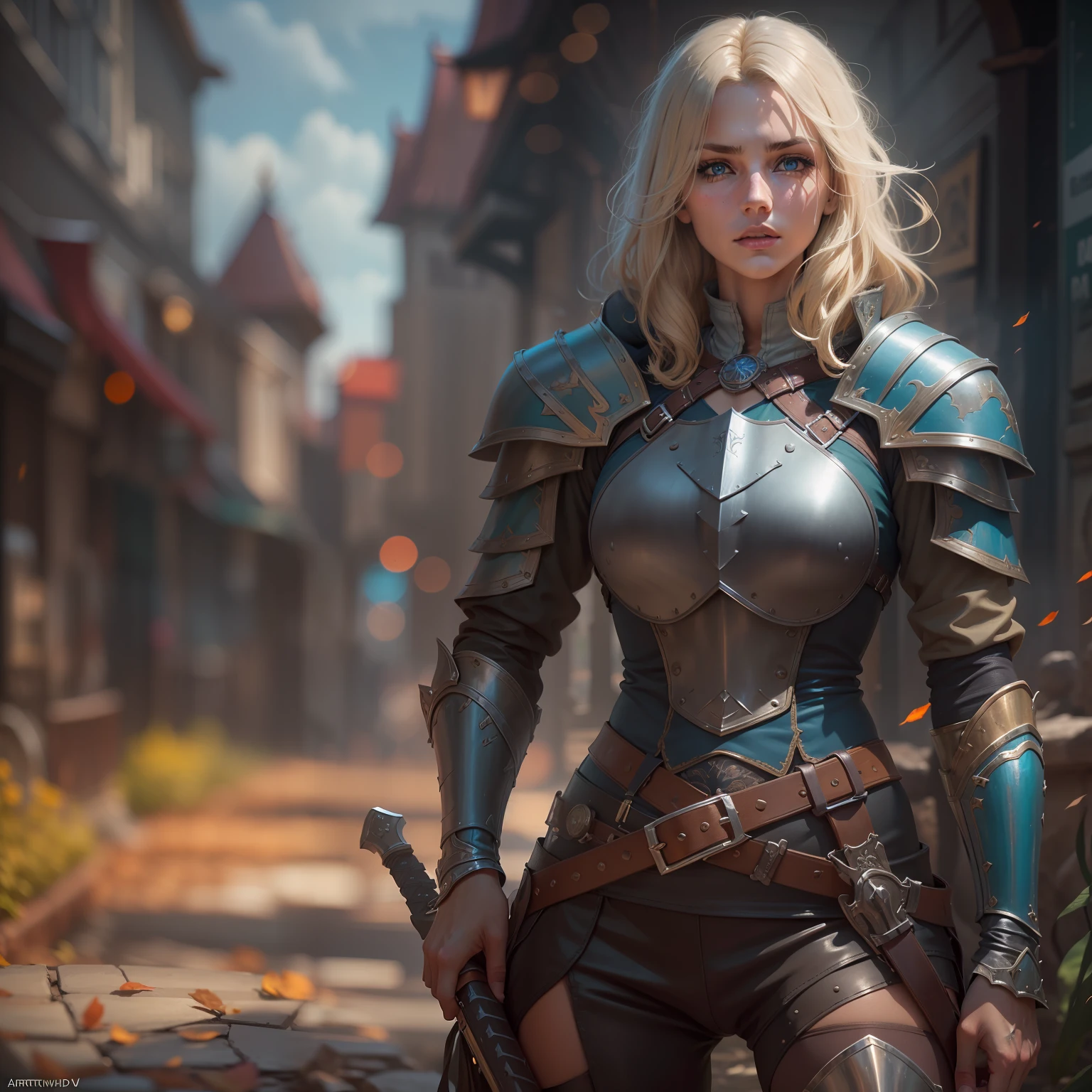 a European girls, solo, Blonde, tanned skin, cold-looking blue eyes, thin face, ripped body, wearing leather armor, leather legging, highnoon boots, carry a sword by waist and 2 pistol behind waist, medival, fantasy knight, realistic shadows, high quality, ultra detailed in 4k, 8k, high resolution, sharp focus, depth of field, faded, (neutral colors:1.2), (hdr:1.4), (muted colors:1.2), hyperdetailed, (artstation:1.4), cinematic, warm lights, dramatic light, (intricate details:1.1), complex background, (rutkowski:0.66), (teal and orange:0.4)"