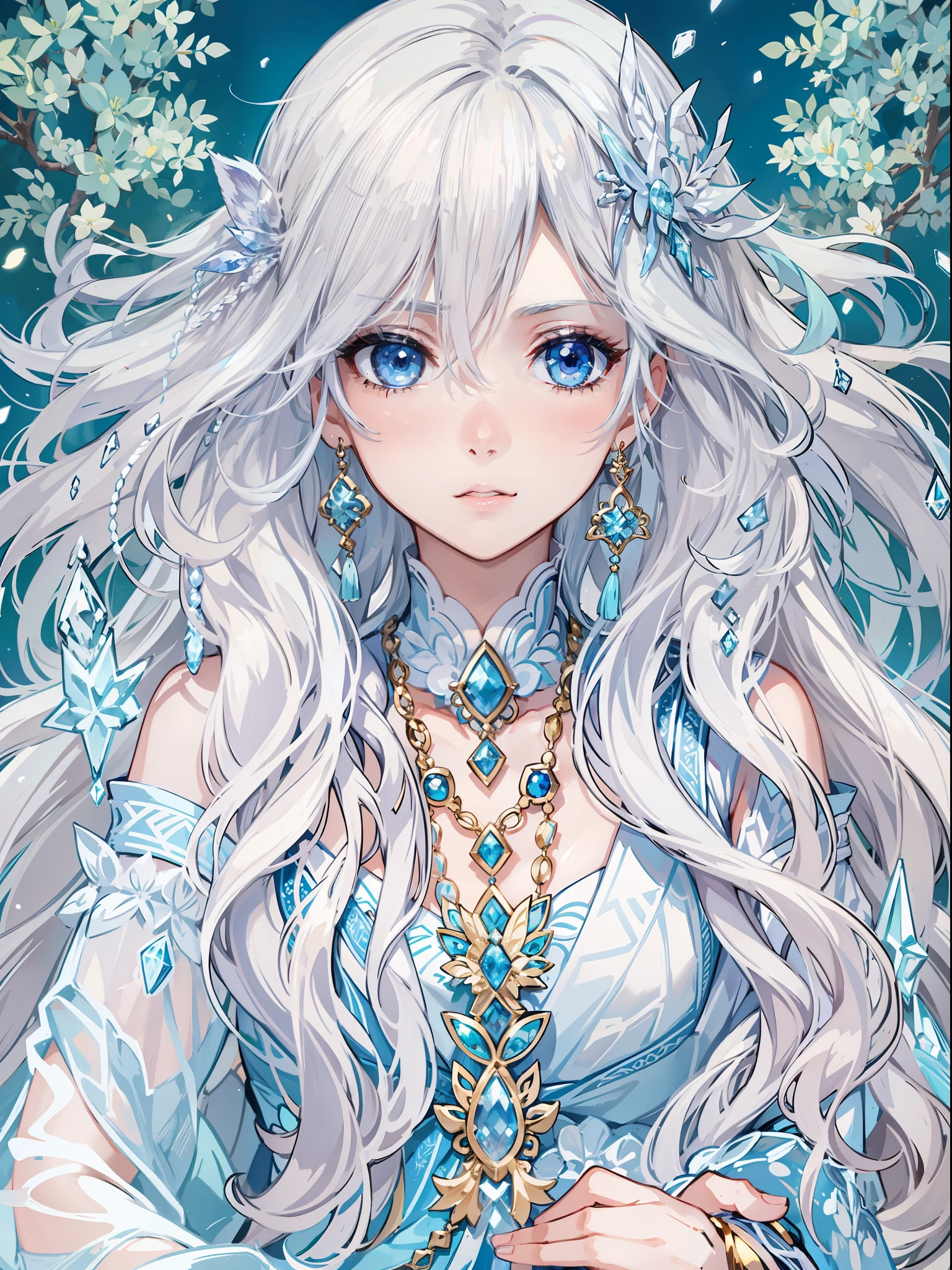 s girl，Decoration with fantastical elements，long whitr hair，Ice-like blue eyes，White skin，Wear jewelry with gemstones or ice crystals，The clothes have some tassel decorations，divino，Japanese manga style