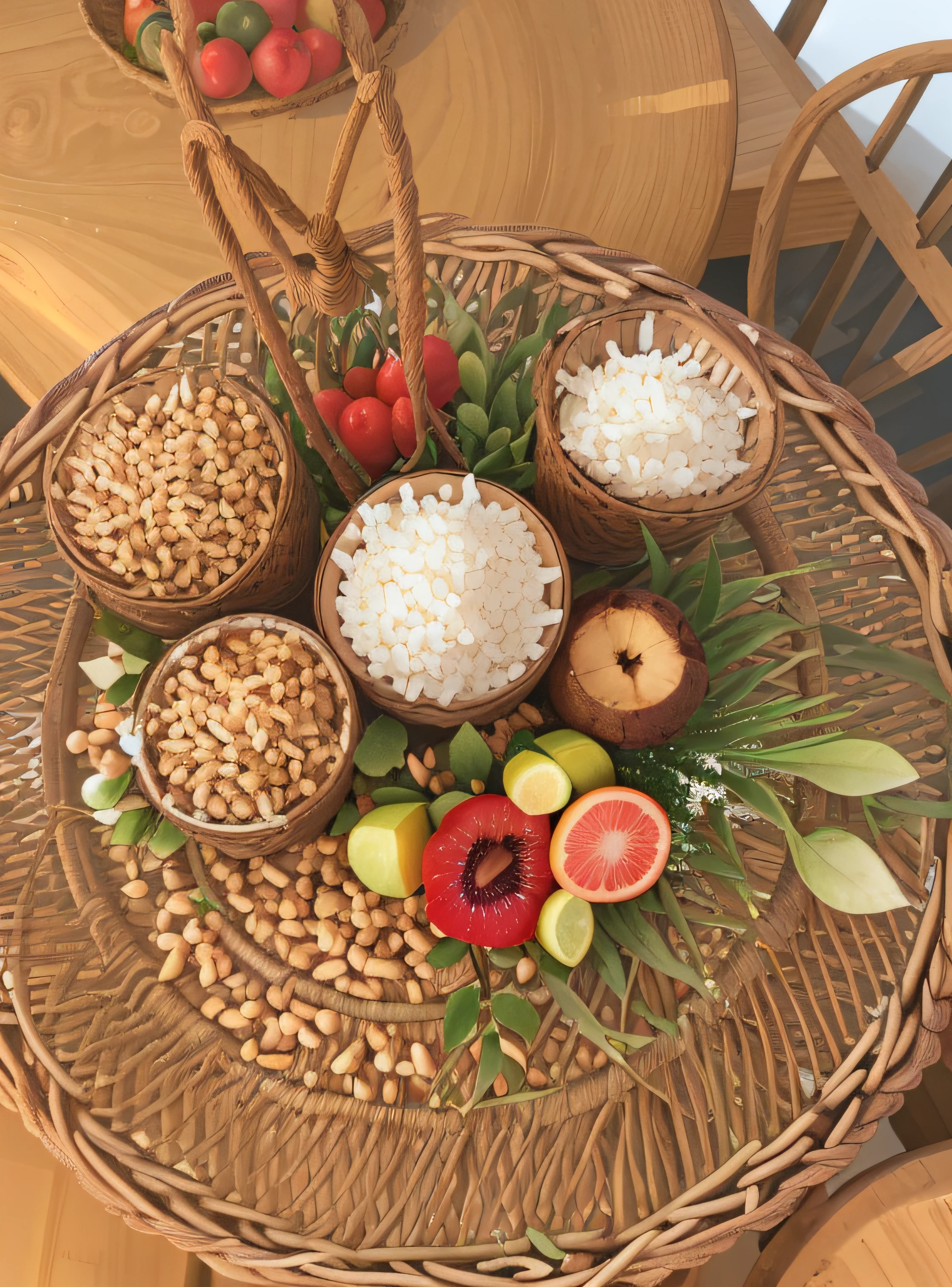 There was a lot of coconut in the basket on the table, coconut, high quality product image”, a stock photo, 4 0 9 6, stock image, Palm, the photo shows a large, Very high quality, on a dark background, nut, high angle close up shot, High quality detail, 90 60 90, Fruit in the basket