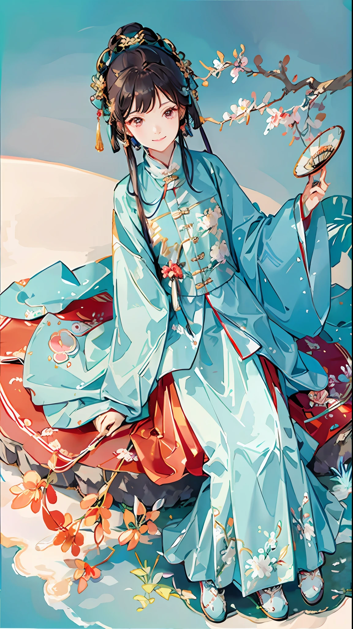 tmasterpiece, High- sharpness, Best quality at best, 1girls solo, sitted, from the above, looking at viewert, Light smile, natta,,(Hanfu, Ming style clothing, Short cyan coat, Red mamian skirt, crewneck,Handheld tuan fan)