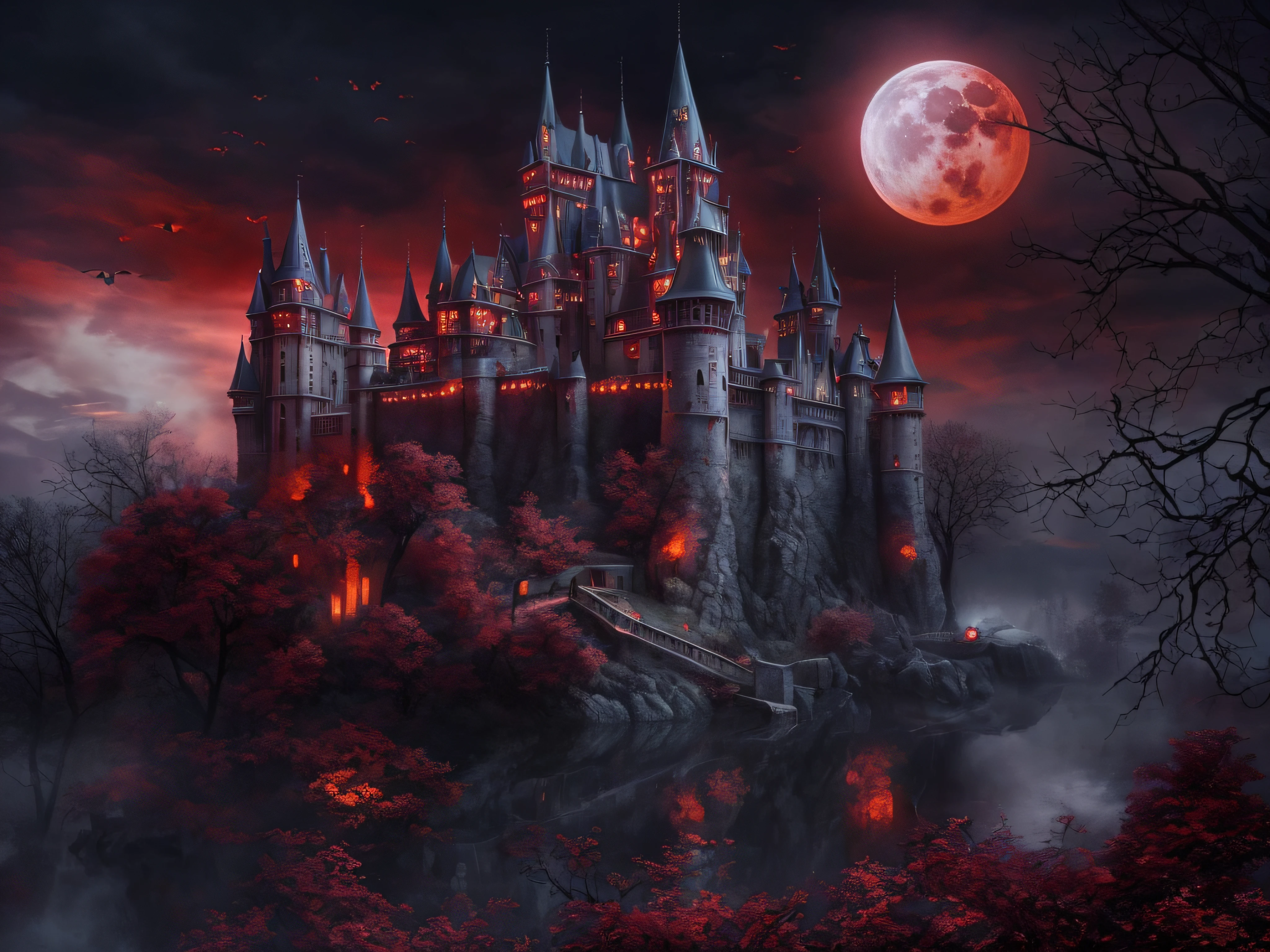 A blood-red full moon is in the sky, （Mottled castle：1.3）, （Countless bats：1.3），（Vine plants：1.1），（ghoul：1.2）Count Vampire, nigth, fantasy castle, Vampire Fortress, Bizarre background, Spooky background, There are artistic overlays, Ultra photo realsisim, tmasterpiece, k hd, surrealism, Gothic art, Cinematic lighting, 8K, Best quality