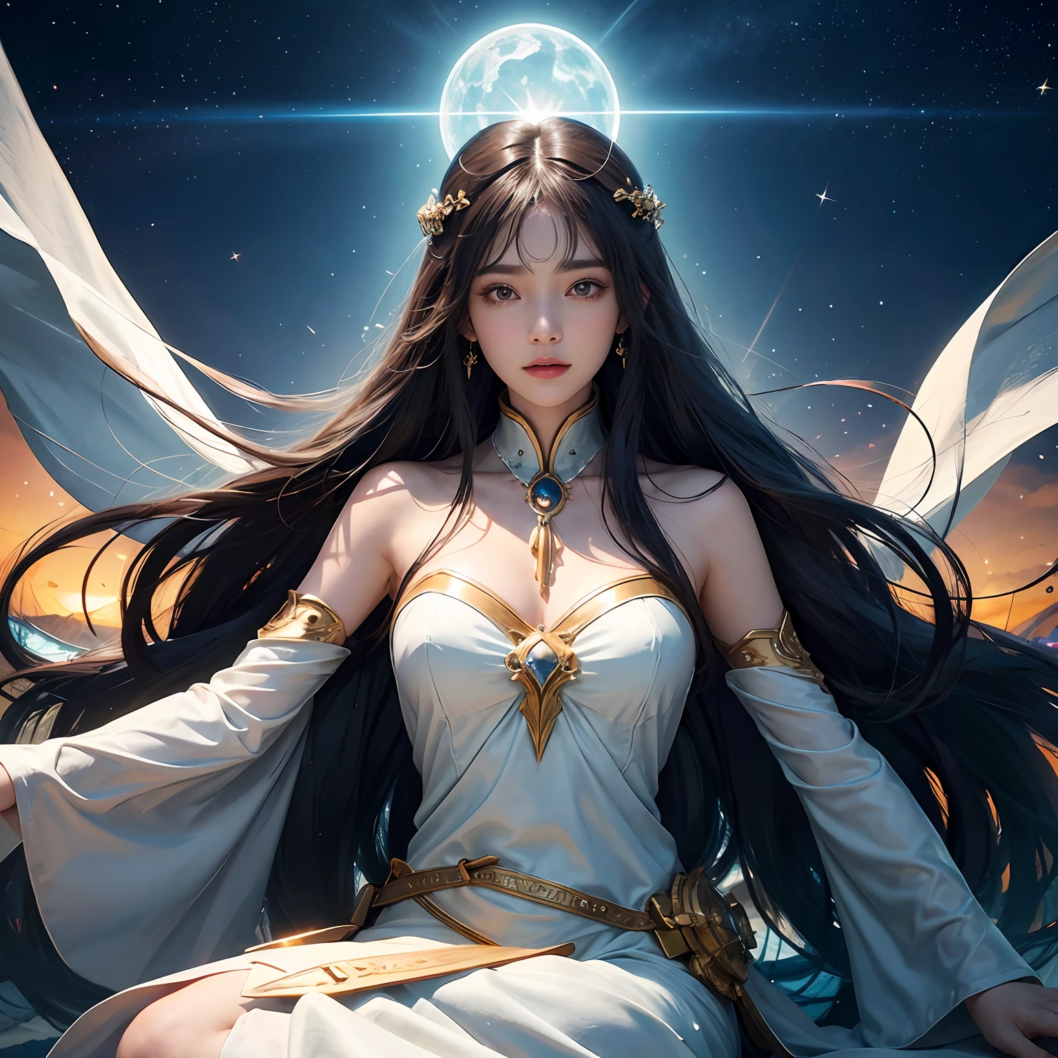 超高分辨率， best qualtiy， photore， 16k， tmasterpiece:1.3，（realisticlying： 1.2）， cinmatic lighting， Woman in the shape of a mythical god。It depicts the god holding the sun and moon，（（Dynamic background），radiating with light，Aura shrouded），（dynamicposes），Cast magic，Sit on the crystal），Float on the crystal in a bright white cape，Ultimate face，（afloat：1.3），cosmic starry sky，stunning detailed， 64k resolution，for an immersive and realistic visual experience。Let your work capture the essence of myth and wonder，leaving viewers in awe of its beauty and power。