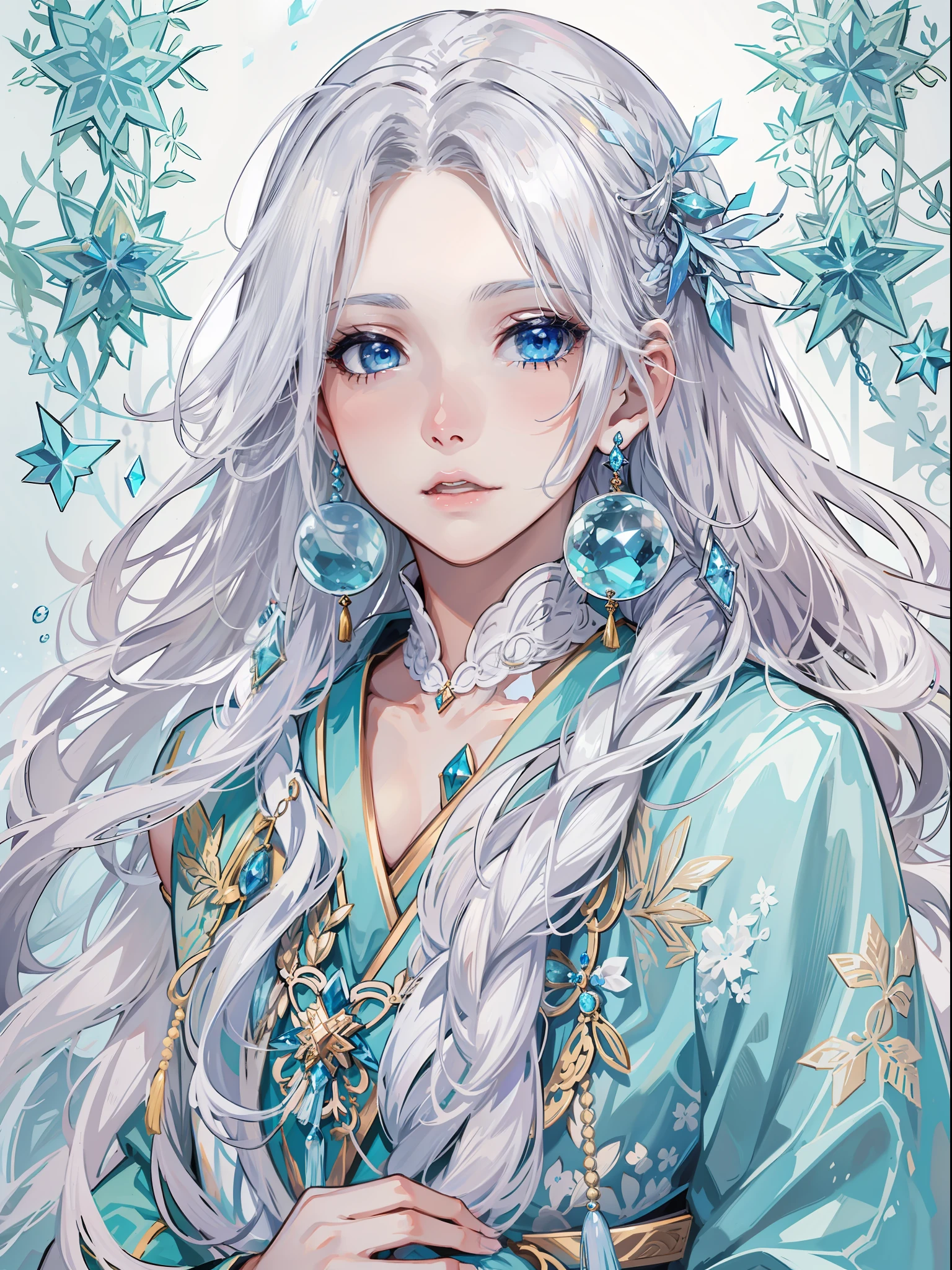 teens girl，Decoration with fantastical elements，long whitr hair，Ice-like blue eyes，White skin，Wear jewelry with gemstones or ice crystals，The clothes have some tassel decorations，divino，Japanese manga style