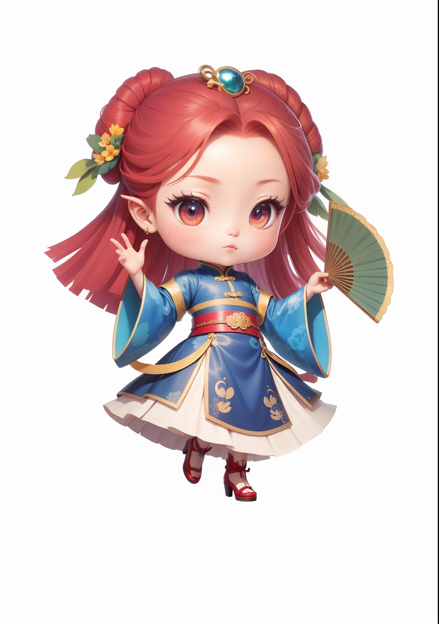 Chibi anime characters,China-style,Chinese-style clothing,Chinese shoes,Beautiful pattern on the fan,Fine drawing,Fine painting,Refinement,infinite details,high definition detail,Delicate belt,Patterned,Pattern,Blank background,Bright colors,Metal edging,Bright colors