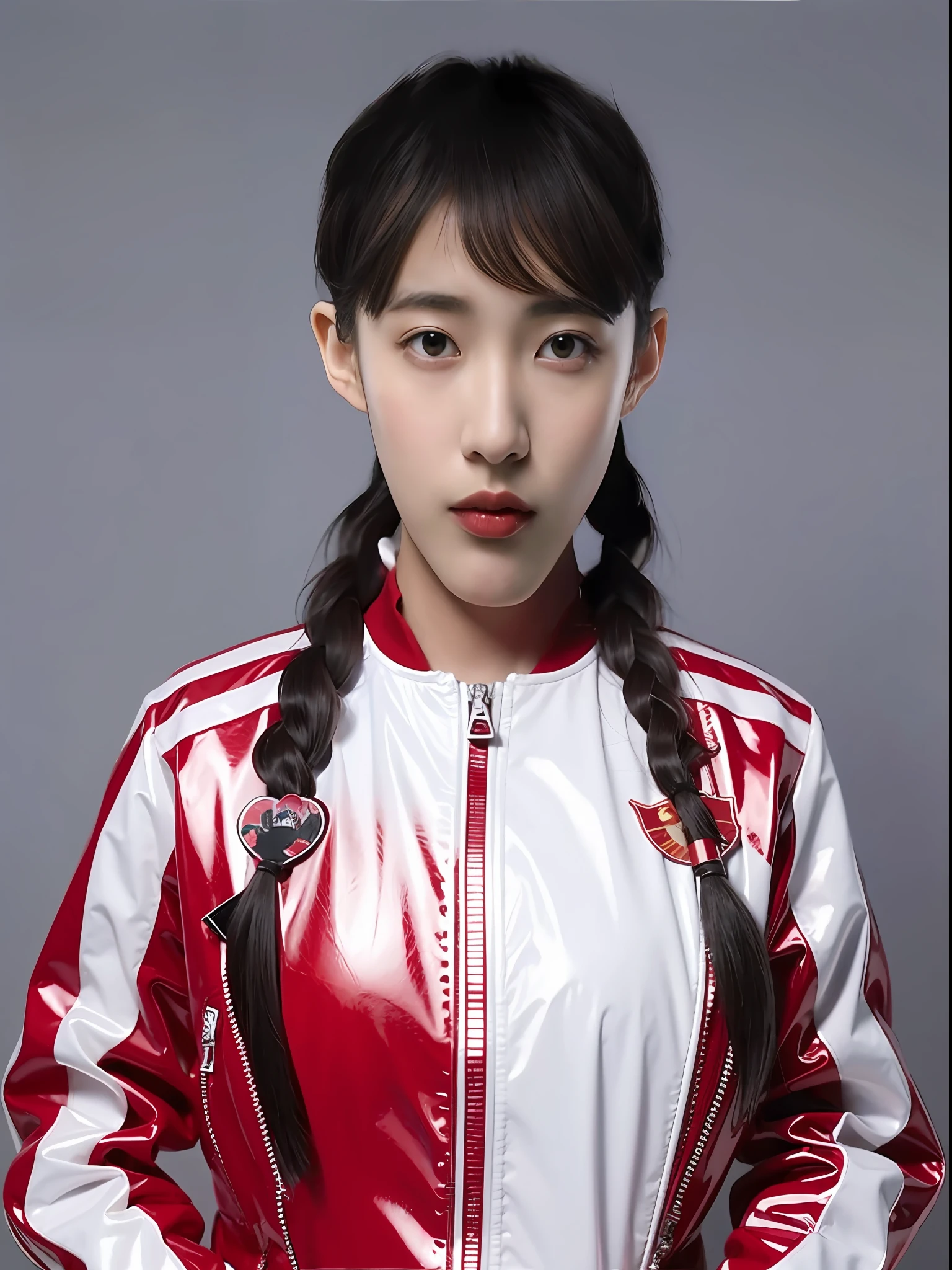 A Chinese high school girl，Wear a red skinny PVC zipper jacket，long braid