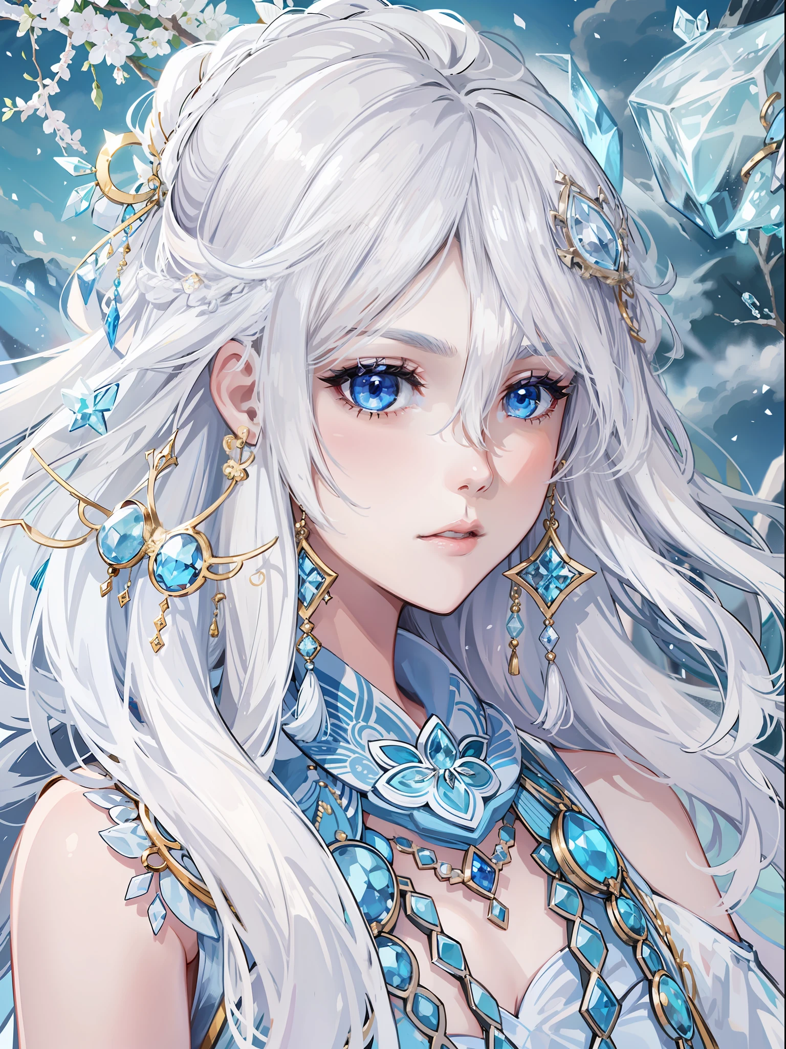 teens girl,Decoration with fantastical elements,long whitr hair,Ice-like blue eyes,White skin,Wear jewelry with gemstones or ice crystals,The clothes have some tassel decorations,divino,Japanese manga style