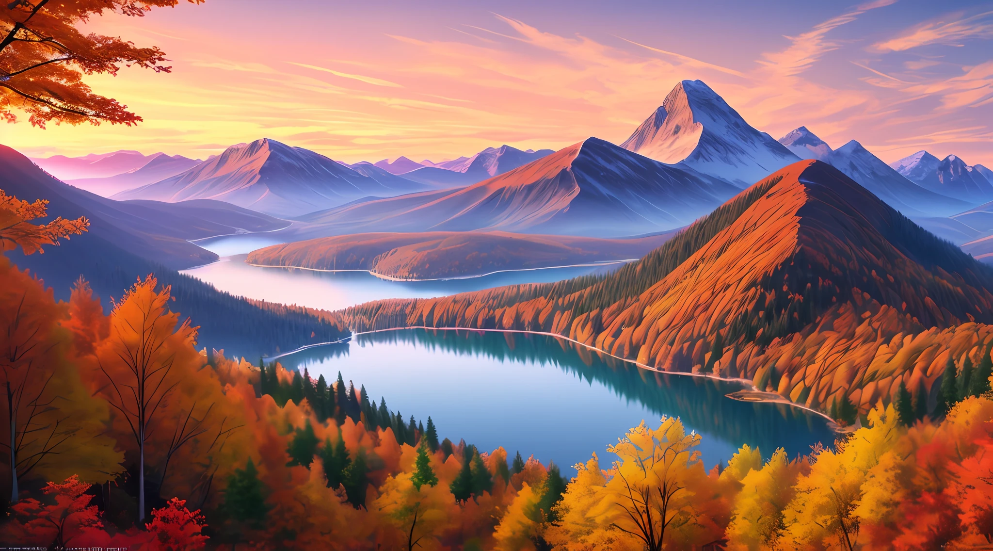 painting of a mountain landscape with a lake and a mountain range, Full of maple leaves,The picture is dominated by autumn leaves,Lots and lots of autumn leaves,Beautiful art UHD 4 K, Detailed scenery —width 672, Detailed painting 4 K, 4k highly detailed digital art, impressive fantasy landscape, 4K detailed digital art, 8K high quality detailed art, 4k hd matte digital painting, Dreamy landscape, 8K stunning artwork