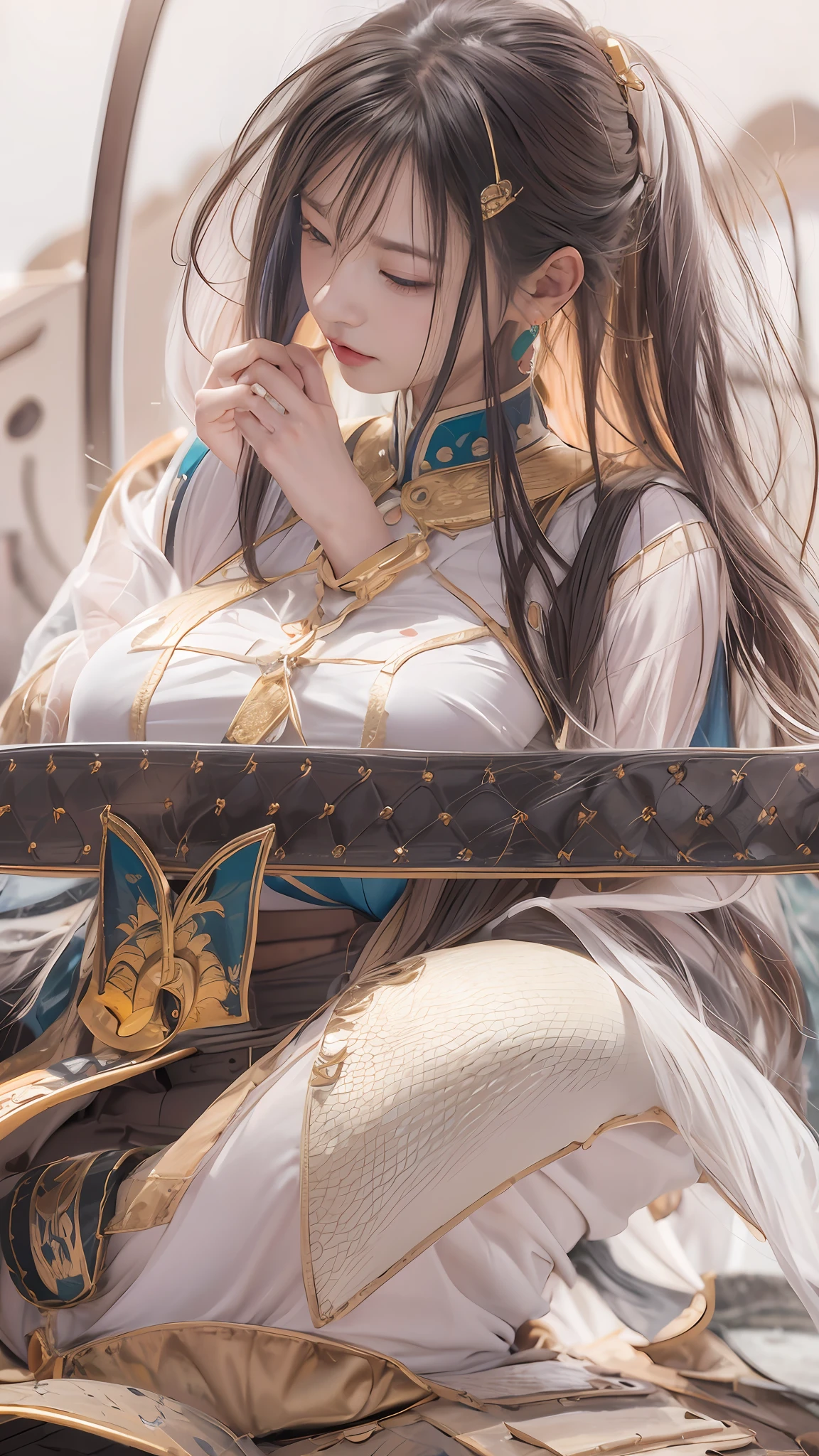 Wetland Park,(tmasterpiece,k hd,hyper HD,16k)brunette color hair,15 year old girl,Multi-layer gauze skirt,Hollow gold thread crown jade setting,Rouge lips,Cherry mouth,Focus on the neckline,Soft hair like slippery silk,Sparkling,Almost reluctant to look away,She wears a suspender cheongsam!Imagine that,She just wore a cheongsam to the bustling big castle,One can't help but want to take a closer look,Take a closer look, desi,Her belly pocket is quite stylish,The skirt flutters in the wind,It's like adding a touch of energy to the whole street,Crocodile skin train,A sneak peek angle,(From the angle below),Sit in the seat of the monitor lizard,sitting in front,Zoom camera,head portrait,Head down and sleepy-eyed,Look at the ground, best qualtiy, hyper HD, (realisticlying:1.4),, A high resolution, the detail, RAW photogr, Sharp Re, Nikon D850 Film Stock Photo by Jefferies Lee 4 Kodak Portra 400 Camera F1.6 shots, Rich colors, ultra-realistic vivid textures, Dramatic lighting, Unreal Engine Art Station Trend, cinestir 800,