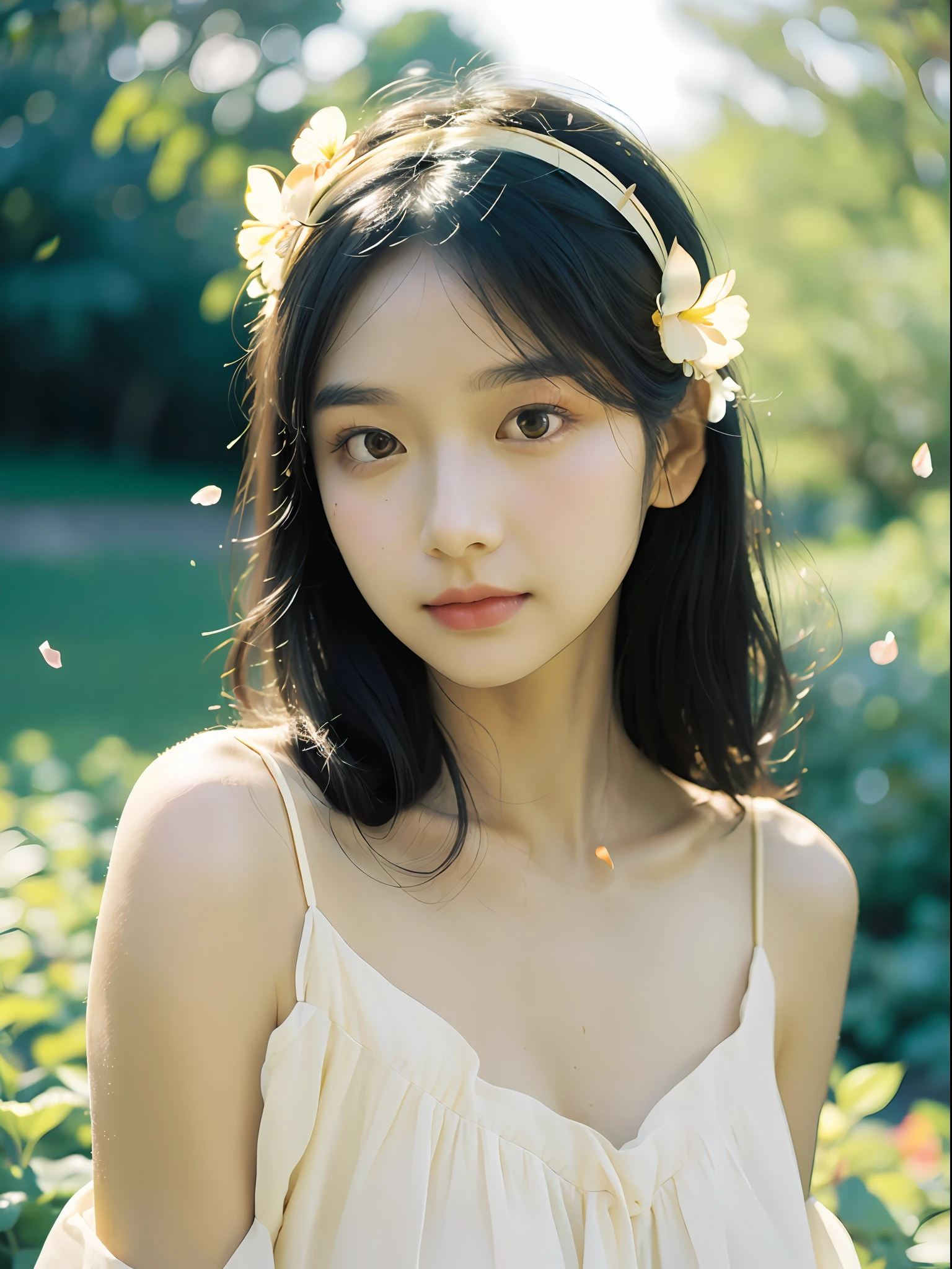 1girl, flowing sundress, floral headpiece, delicate makeup, (luminous eyes, smooth skin texture, gentle facial expression), golden hour lighting, serene garden setting, butterflies or flower petals, depth of field, warm color palette, whimsical atmosphere, high-resolution, soft focus.
portrait photography, 35mm film, natural blurry, filmg,