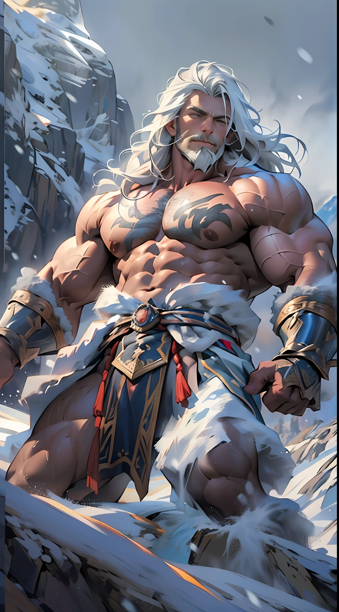 Mighty warrior, shirtless upper body, legs exposed from thighs to feet, cascading long curls, detailed muscular physique, lifelike depiction, 4K resolution. Background: Snow-covered mountain peak,32k uhd, best quality, masterpiece, super detail, high details