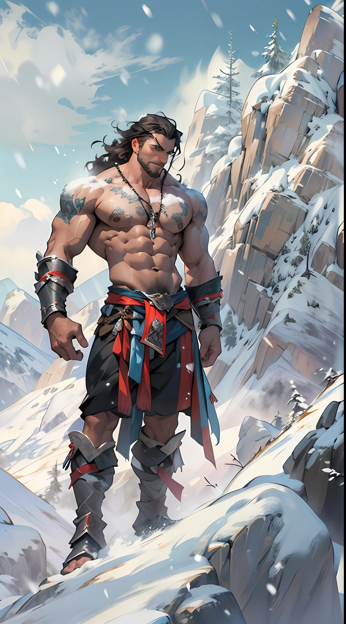 Mighty warrior, shirtless upper body, legs exposed from thighs to feet, cascading long curls, detailed muscular physique, lifelike depiction, 4K resolution. Background: Snow-covered mountain peak,32k uhd, best quality, masterpiece, super detail, high details