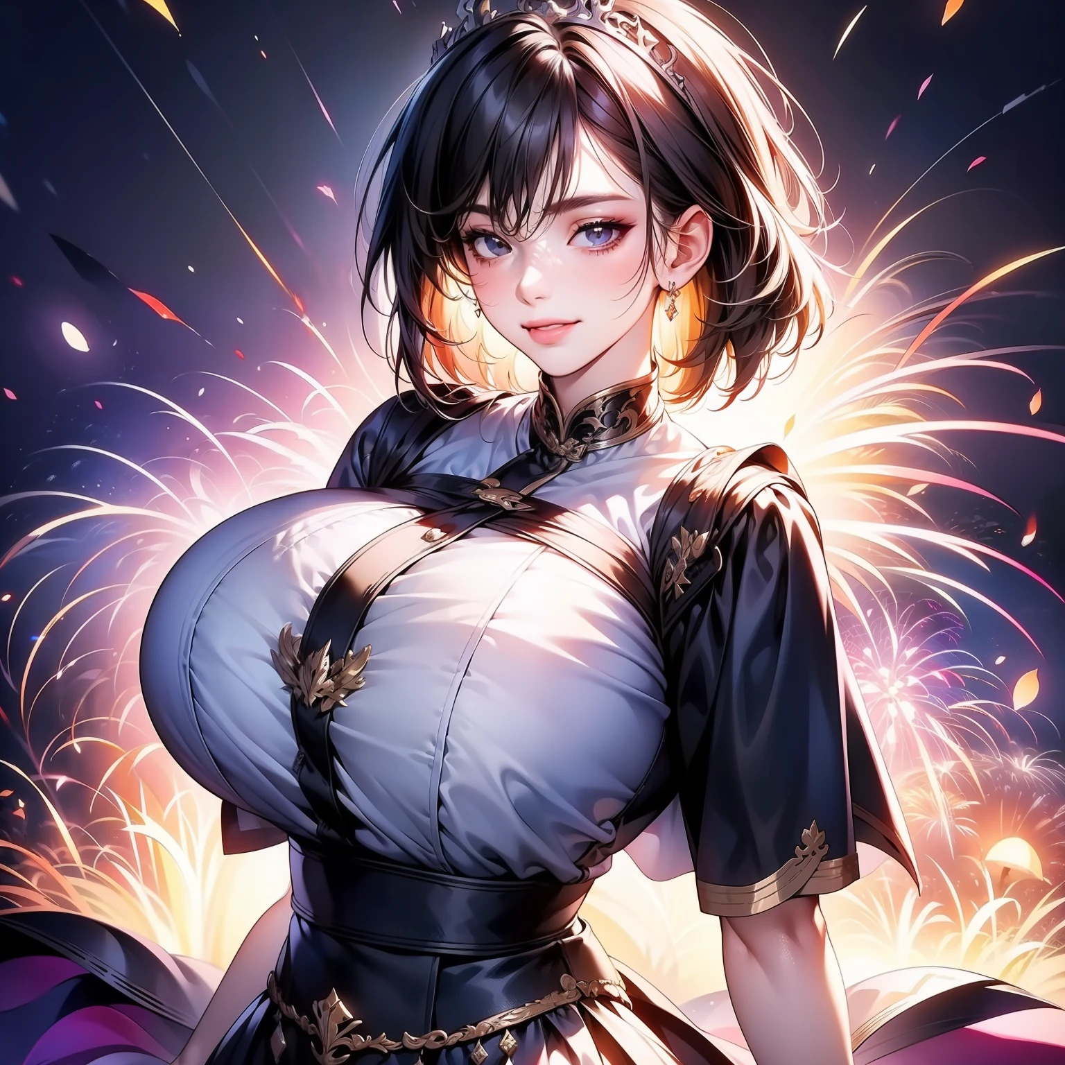 ，Purple short sleeves，Black tunic，Huge，long  skirt，Bigchest，exquisitedetails，Perfect details，sideface，White shirt，short detailed hair，nedium breasts，largeeyes，Black eyes，Sparkle，edge lit，long eyelasher，Based on physical rendering，adolable，Lateral face，with a round face，ssmile，8K,8K high quality detailed art, Beautiful 2D portrait,firework background，Extremely quality，tmasterpiece，Need，Overlooking the eve of Chang'an, Gorgeous tiara