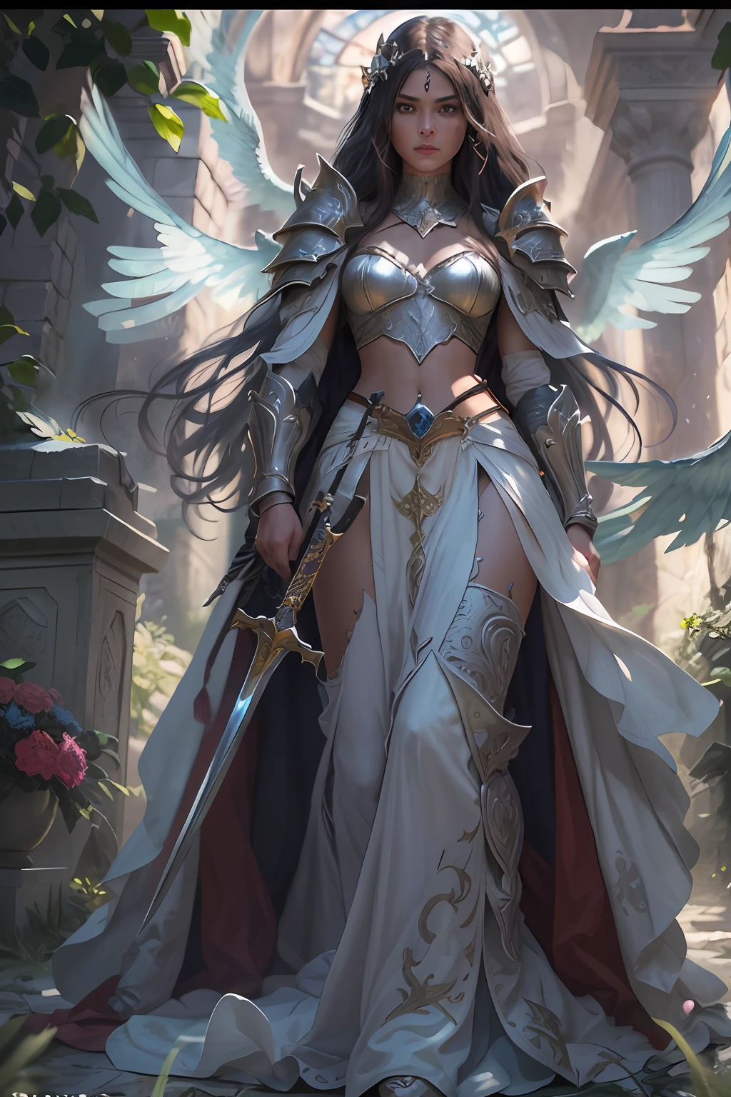 arafed, high details, best quality, 8k, [ultra detailed], masterpiece, best quality, (extremely detailed), dynamic angle, ultra wide shot, RAW, photorealistic, fantasy art, dnd art, rpg art, realistic art, a picture of female human holy warrior,  warrior of god, full body, ultra detailed face (1.5) [[anatomically correct]] dynamic position (1.5 intricate details, Masterpiece, best quality) in dark fantasy cemetery (1.5 intricate details, Masterpiece, best quality), woman wearing bright armor, heavy armor (1.4 intricate details, Masterpiece, best quality), armed with epic sword, epic holy sword, radiant sword, sword sheds bright ligh(1.3, masterpiece), purple cloak (1.3, masterpiece) holy symbol with [bright aura] (1.4), long hair, dark hair, green eyes intense eyes, dark cemetery background (1.5 intricate details, Masterpiece, best quality) god rays, divine rays (1.4 intricate details, Masterpiece, best quality), dynamic angle, (1.4 intricate details, Masterpiece, best quality) 3D rendering, high details, best quality, highres, ultra wide angle@EG1