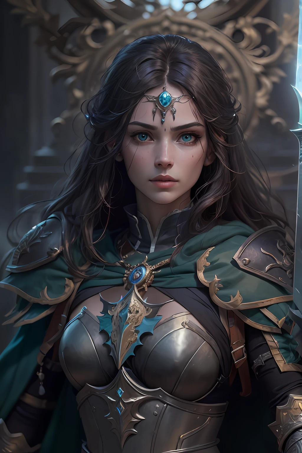 arafed, high details, best quality, 8k, [ultra detailed], masterpiece, best quality, (extremely detailed), dynamic angle, ultra wide shot, RAW, photorealistic, fantasy art, dnd art, rpg art, realistic art, a picture of female human holy warrior,  warrior of god, full body, ultra detailed face (1.5) [[anatomically correct]] dynamic position (1.5 intricate details, Masterpiece, best quality) in dark fantasy cemetery (1.5 intricate details, Masterpiece, best quality), woman wearing bright armor, heavy armor (1.4 intricate details, Masterpiece, best quality), armed with epic sword, epic holy sword, radiant sword, sword sheds bright ligh(1.3, masterpiece), purple cloak (1.3, masterpiece) holy symbol with [bright aura] (1.4), long hair, dark hair, green eyes intense eyes, dark cemetery background (1.5 intricate details, Masterpiece, best quality) god rays, divine rays (1.4 intricate details, Masterpiece, best quality), dynamic angle, (1.4 intricate details, Masterpiece, best quality) 3D rendering, high details, best quality, highres, ultra wide angle@EG1