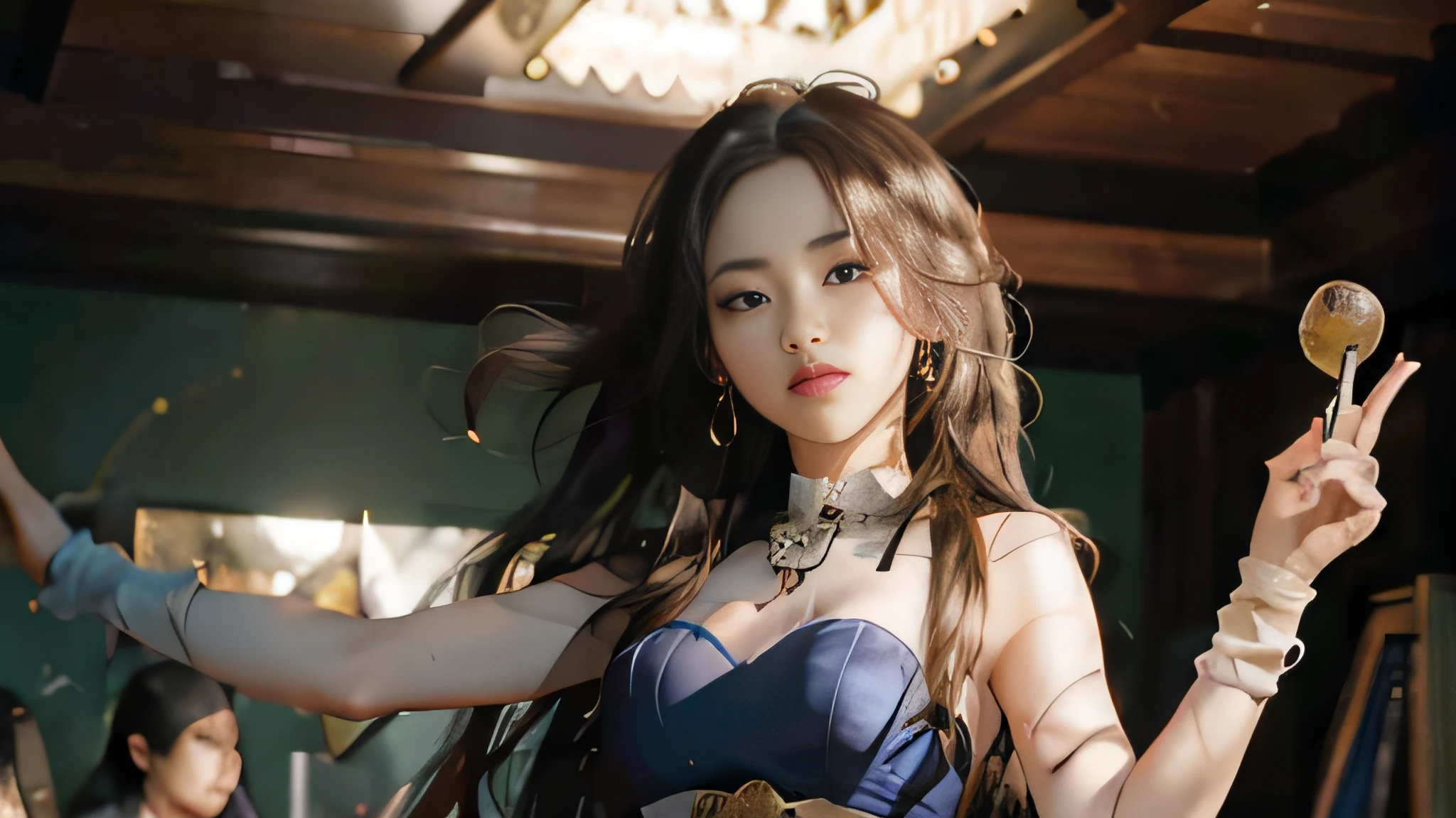 (RAW Photo, Best Quality), (Realistic, Photo Realistic: 1.3), Best Quality, Highly Detailed, Masterpiece, Hyper Detail, Illustration, 1 Girl Dancing, Forehead with Painting, upper_body, Dynamic Angle, World Masterpiece Theater, messy_long_hair, Best Quality, Extremely Detailed CG Unified 8k Wallpaper, Ink, Amazing, Cinematic Lighting, lens_flare,dunhuang_style