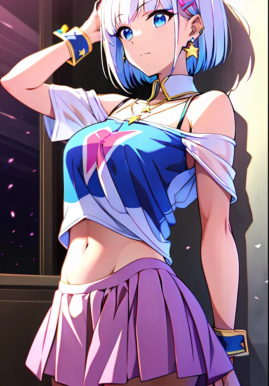 （（tmasterpiece））， best qualtiy， illustratio， Very detailed， Off_Shoulder，moisture， （see through_white_Colorful_Lettered_Tee shirt），Silver Bob Hair，Pink_flower_hair pin，Blue_Eyes，Navel，arm_arms  cuffs，Star Pendant Earrings，pleats_Miniskirt，Gorgeous light and shadows，dynamic angle