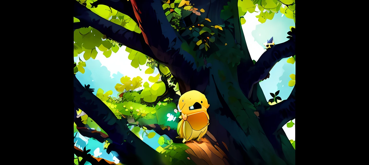There is a cartoon character sitting on a tree, pikachu in a forest, pikachu in a forest, illustration pokemon, inspirado em Goro Fujita, pokemon art style, Official artwork, official fanart, background artwork, cyril rolando and goro fujita, squirtle, anime lush john 8k woods, concept art of pikachu, offcial art