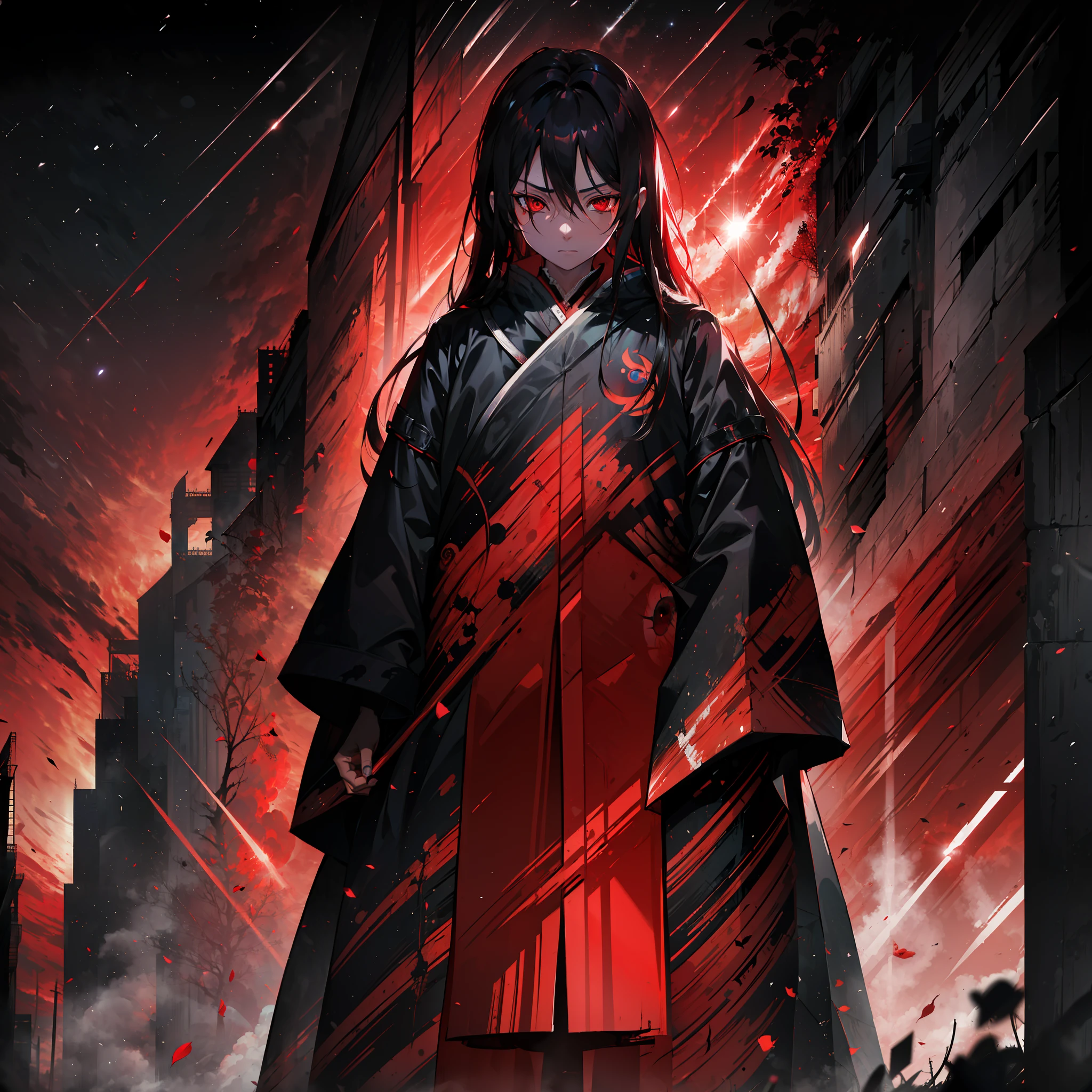 (absurdres, highres, ultra detailed),(Masterpiece, best quality:1.2),1man, Itachi, wearing akatsuki clothing, surrounded by clothes,red eyes,glowing red eyes,eye glare,looking at the viewer,