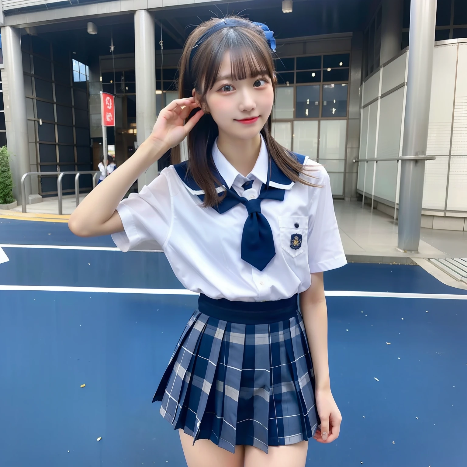 hi-school girl、18year old、japanes、Beautiful woman in school uniform wearing light blue mini skirt。