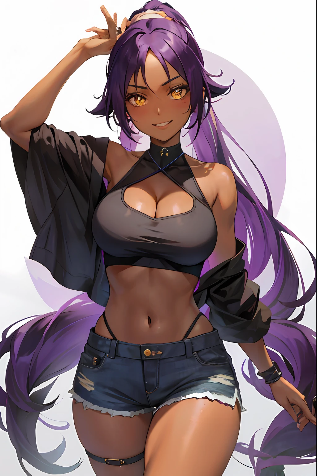 Yoruichi shihouin, dark skin, 1girl, solo, crop top,denim shorts, ,  breasts, cleavage,  hair between eyes, large breasts, long hair, looking at viewer, purple hair, pony tail, solo, thighs, long hair, ((masterpiece)), , soul society,, standing, , blush, shy, smile, show teeth, detailed hand, beautifull finger,