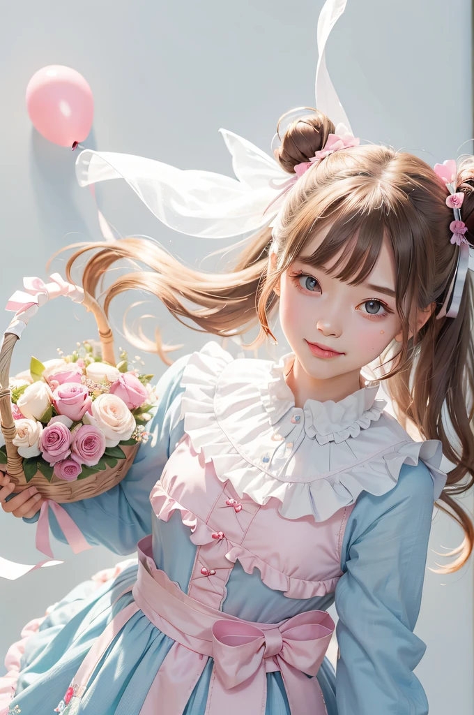 Girl holding a basket with flowers, standing indoors, house, white background wall, kawaii aesthetics, fairy core, dream aesthetics, portrait of a magical ta girl, Lolityle, maid in the enchanted forest, frilled blooming collar, kawaii style, soft, fantasy aesthetic, magical girl style, balloon, girl with roses wrapped around her, pink roses, bows, pearls, ribbons, pink, blue, cute, round face, light and shadow, black hair, longeyelashes, solid circle eyes, light smile, fang, double bun, hair bow, Surrealism, pov, atmospheric perspective, depth of field, vanishing point, lens flare, 35mm, f/2.8, 8k, super detail, ccurate, best quality, UHD, masterpiece, anatomically correct, textured skin, high quality, high details