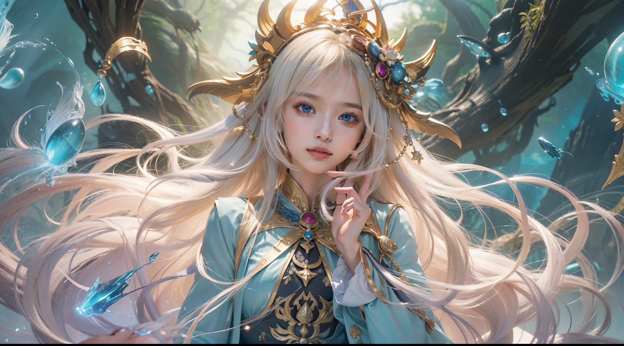 Beautiful seabed shining,Daytime, Dark, (Fantasy),infinite,deep blue sky,The abyss of knowledge,Cowledge,((masutepiece)), (((Best Quality))),((Beautiful fine eyes)),(Eye lashes)、Very beautiful face、Beautiful Water Spirit、(1人)、Golden hair、The long-haired、abyss eyes、glowy skin、oils、small tits、Perfect human body structure、Beautiful flowing costumes、tattered cloth、Realistic coat、Tee、Super delicate CG Unity 32k wallpaper、masterpiece, ((ultra-detailliert)), ((illustratio)),colourfull,wall-paper,The energy,Unknown terror,Incomprehensible,Around the magic,Magical surroundings,magic wands,Boken,Know everything,Predict the future、Get to know the past、Infinite wisdom、blue flames、Spells、Singing magic