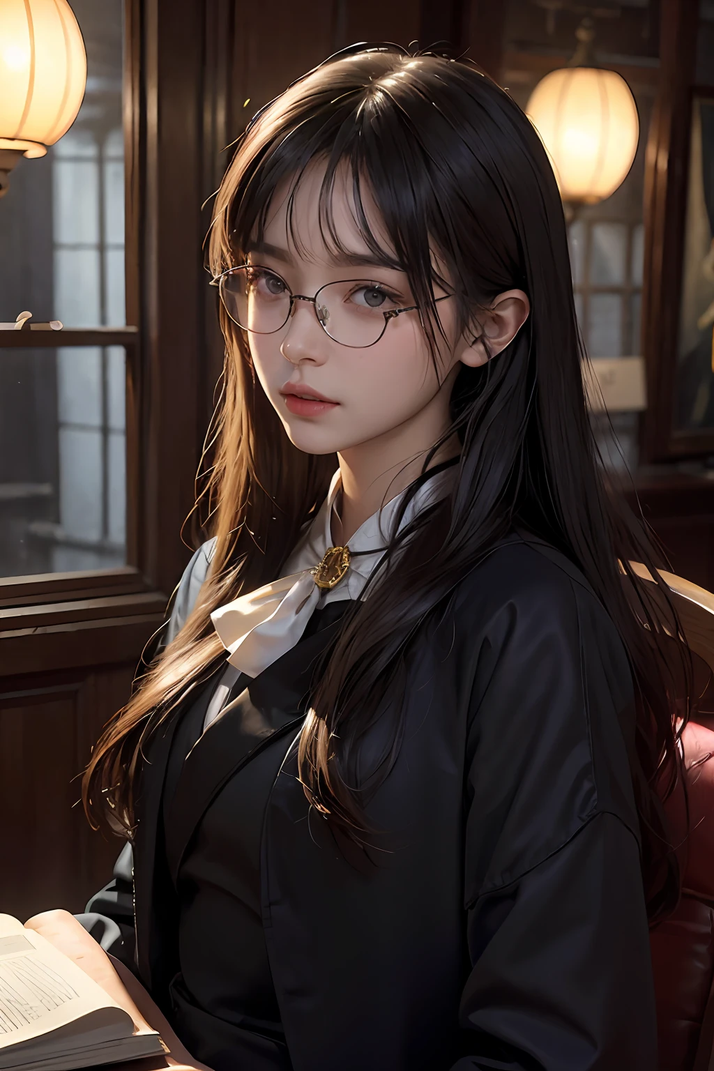 (Front focus)、(dark: 1.6)、Hyperrealist female portrait by David Hockney and Alphonse Mucha、Fantasy Art、photoRealstic、Dynamic Lighting、art stations、poster for、Volume Lighting、extra detailed face、4 K、Award-winning、 、1人、in the darkness nigth、deep-shadows、lowkey、cowboy shot、(formal outfit:1.4)、Long、A dark-haired、view front、Black tabby glasses