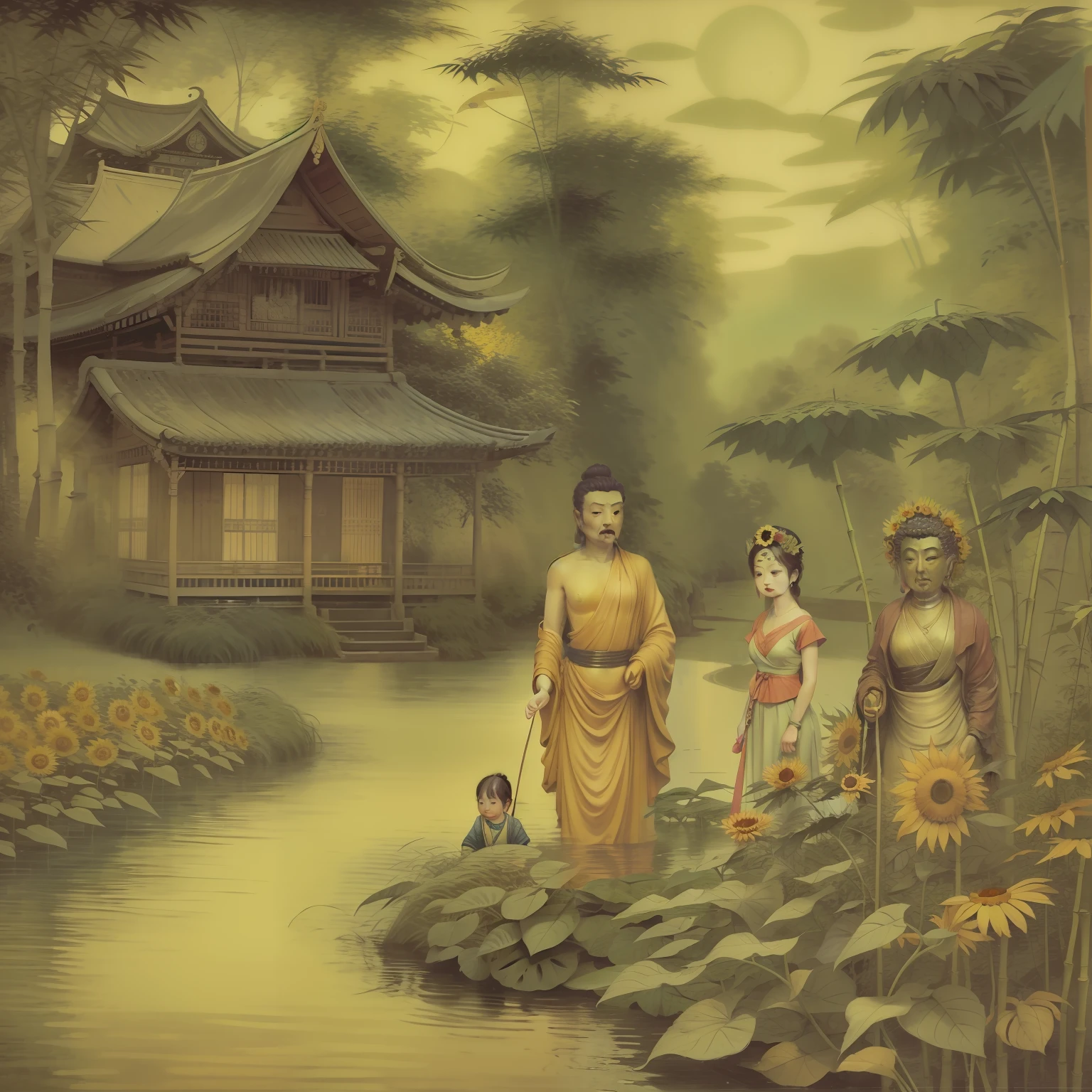 Buddha leads his daughter,The two held hands,Come to the lake,They saw two sunflowers unlike any other。Van Gogh,etchings,The background is a bamboo forest house