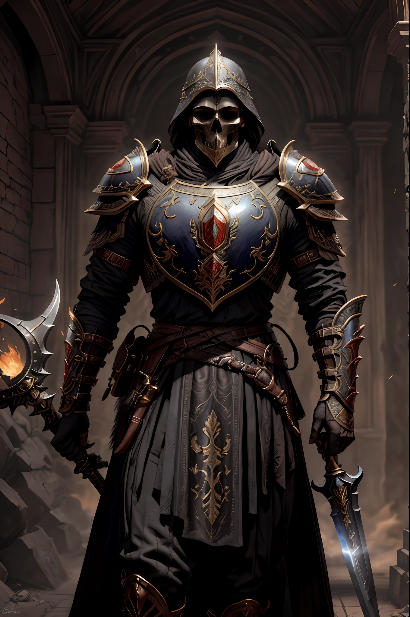 um cavaleiro esqueleto, His skull is of white bone and is on display, sem capacete, sem elmo, Ultra realista, usando armadura de placas brilhante preto andando em uma vila em chamas, He uses a sword in one hand and a shield in the other, (intrincado: 1.4) (obra-prima: 1.4) (illustration: 1.4), red studio lighting, Post-processing, 8K分辨率, fundo escuro, imponente , fotos meticulosamente compostas, impressionantes, fantasia sombria (Por Greg Rutkowski: 1.2), (por daarken: 1.5)&Quot;