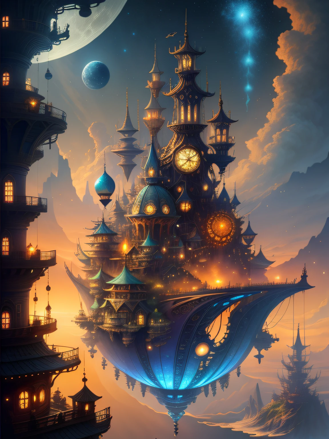 （Magical night）。Views of the steampunk cityscape，1 moon in the distance，meteors，flying cloud castle，sky castles，Steampunk City，small spaceships，Mare，steampunk concept art，steampunk villages castles，The Victorian steampunk megacity，Steampunk City，Inspired by Ian Mack，very far royal steampunk castle，Steampunk city background，Old steampunk city，detailed digital concept art，flying ships in the background。rich details​，higher details，Superior color，（Strong color contrast）。