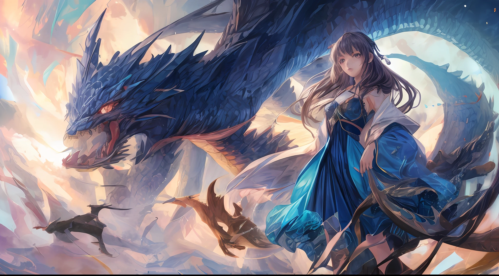 anime girl with dragon wings and a blue dress, anime fantasy illustration, detailed digital anime art, the dragon girl portrait, detailed anime art, detailed anime artwork, anime illustration, digital anime illustration, anime fantasy artwork, flowing hair and long robes, trending on artstation pixiv, beautiful character painting, 2. 5 d cgi anime fantasy artwork, pixiv contest winner