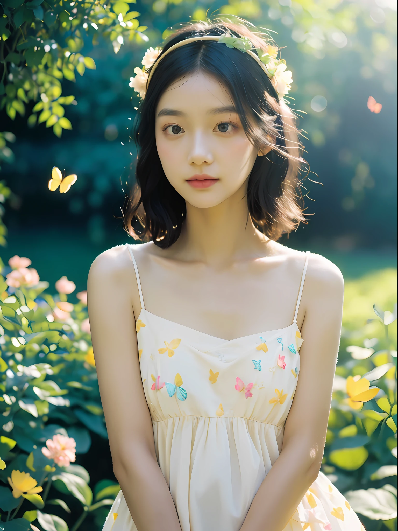 1girl, flowing sundress, floral headpiece, delicate makeup, (luminous eyes, smooth skin texture, gentle facial expression), golden hour lighting, serene garden setting, butterflies or flower petals, depth of field, warm color palette, whimsical atmosphere, high-resolution, soft focus.
portrait photography, 35mm film, natural blurry, filmg,