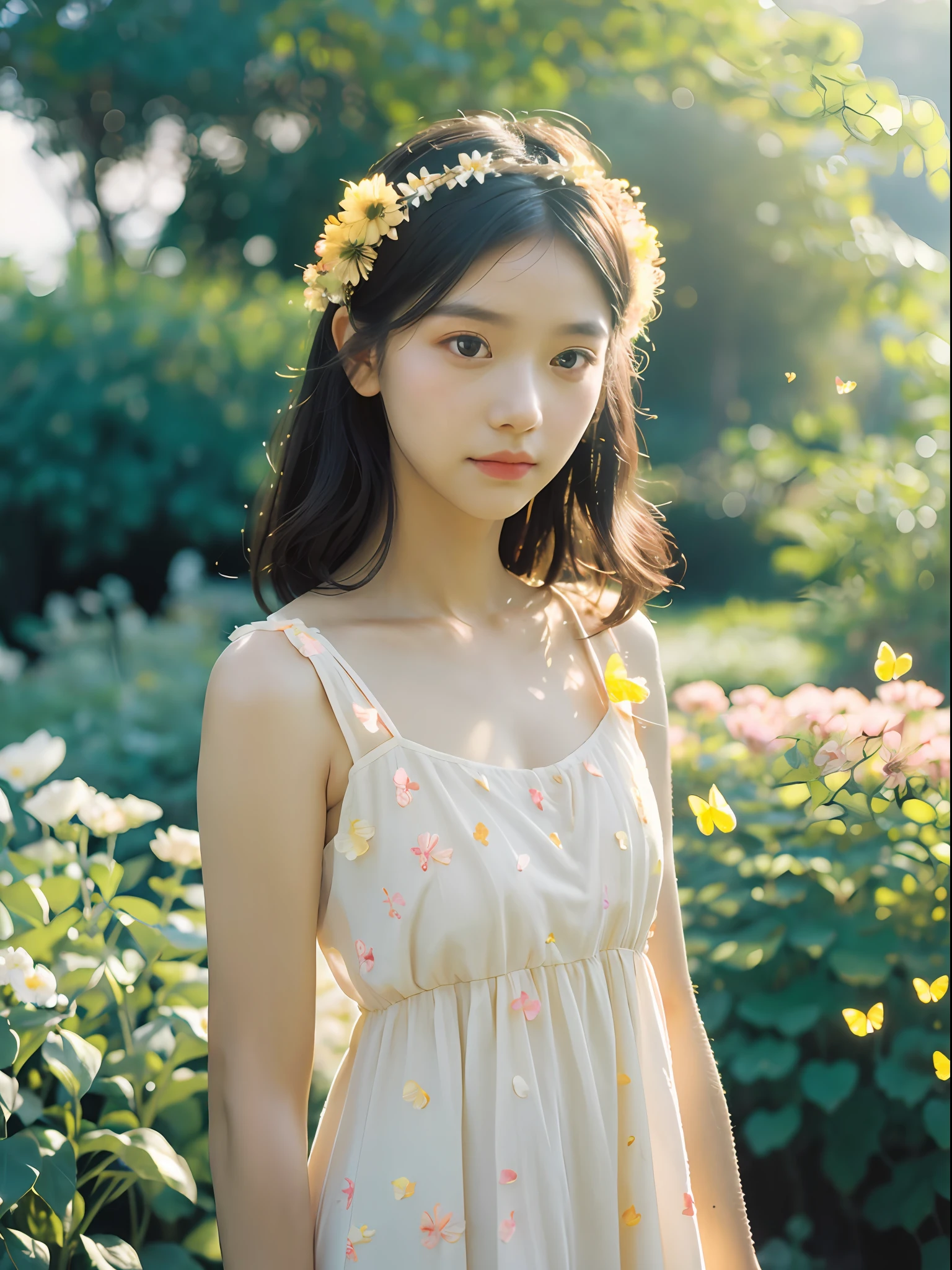 1girl, flowing sundress, floral headpiece, delicate makeup, (luminous eyes, smooth skin texture, gentle facial expression), golden hour lighting, serene garden setting, butterflies or flower petals, depth of field, warm color palette, whimsical atmosphere, high-resolution, soft focus.
portrait photography, 35mm film, natural blurry, filmg,
