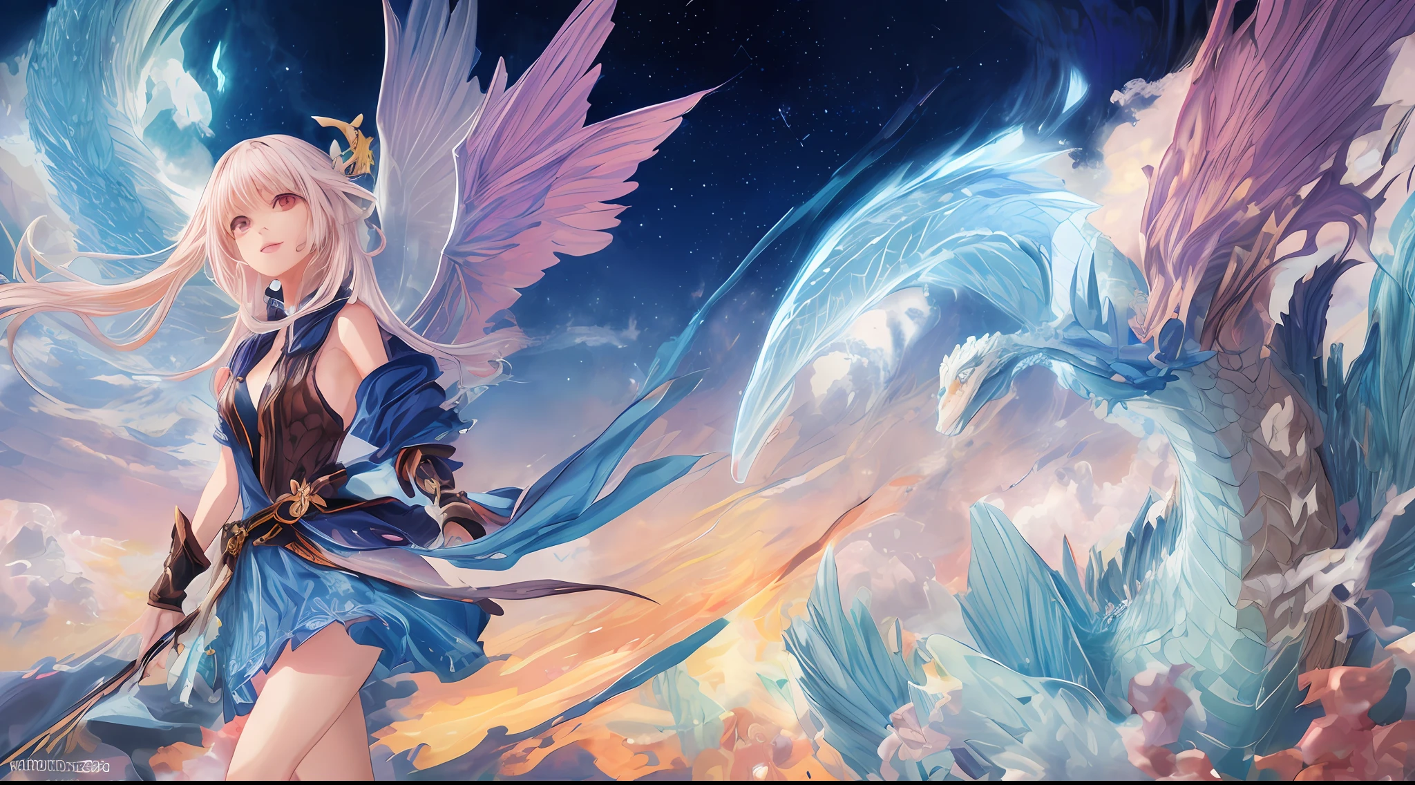 anime girl with dragon wings and a blue dress, anime fantasy illustration, detailed digital anime art, the dragon girl portrait, detailed anime art, detailed anime artwork, anime illustration, digital anime illustration, anime fantasy artwork, flowing hair and long robes, trending on artstation pixiv, beautiful character painting, 2. 5 d cgi anime fantasy artwork, pixiv contest winner