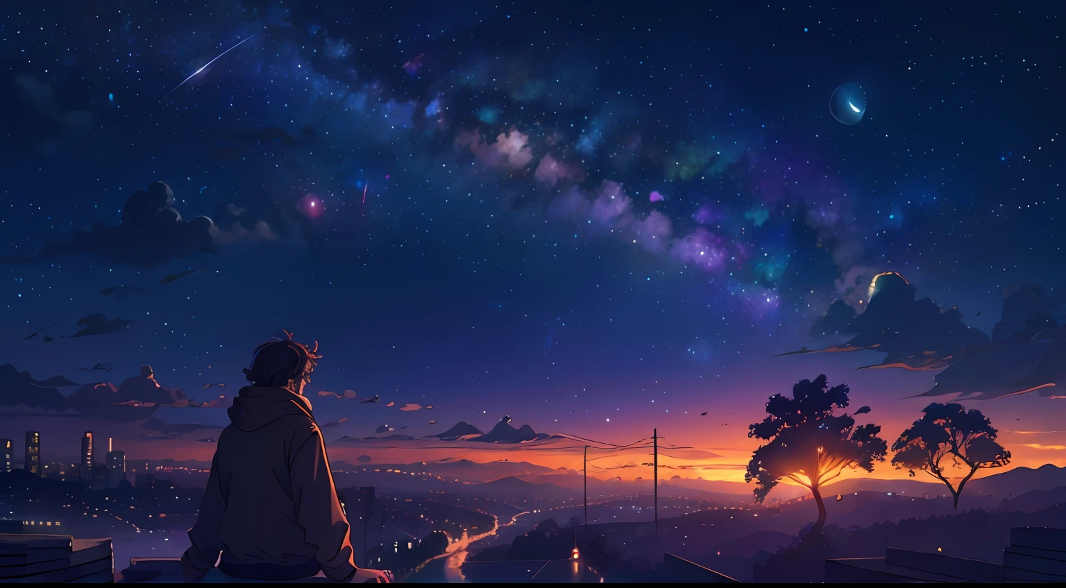 octans, heaven, estrela (heaven), paisagem, starly sky, noite, homem, night  sky, solo, ao ar livre, bilding, nuvem, milky ways, sentado, tree, cabelo longo, cidade, silhueta, paisagem urbana --auto --s2