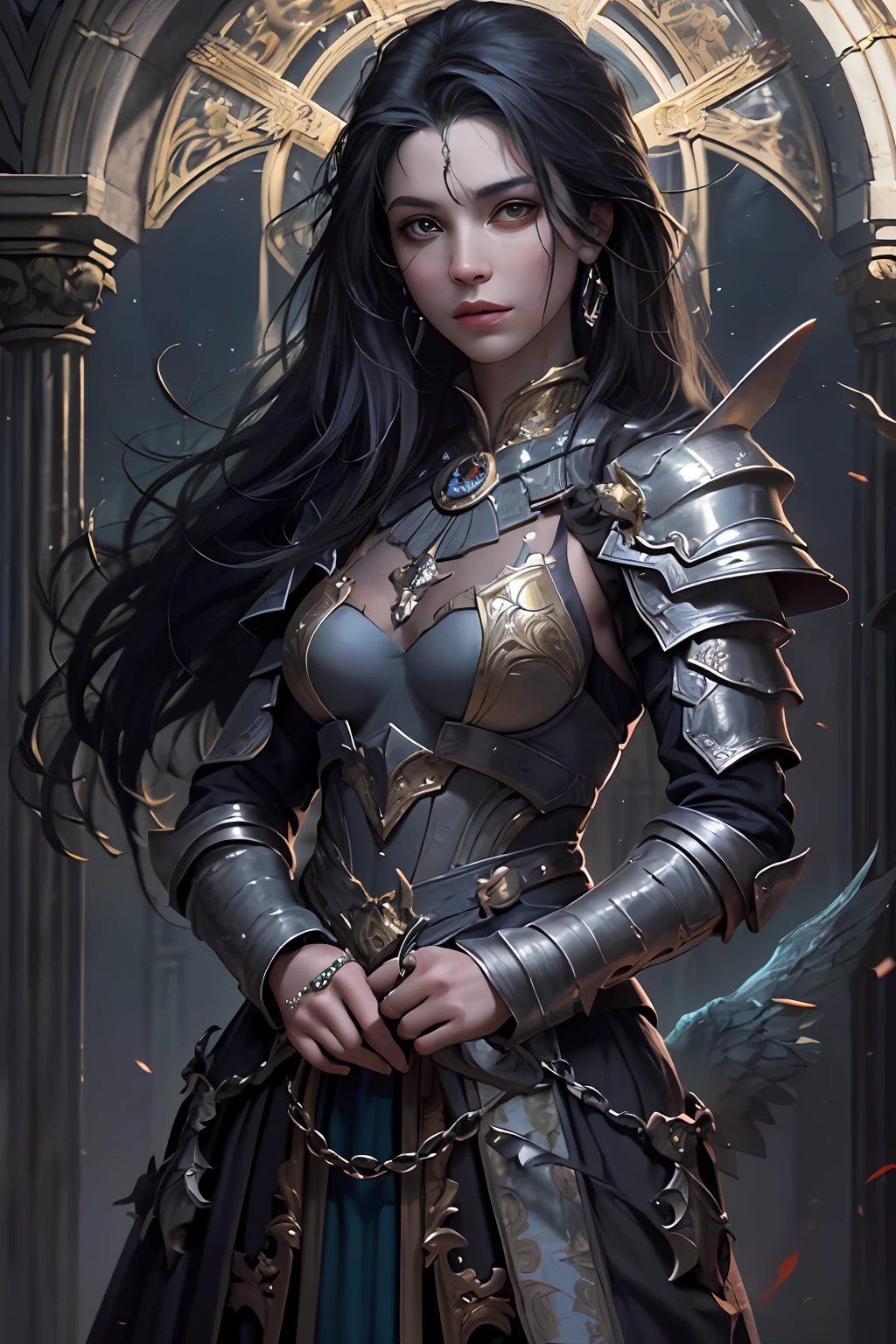 arafed, high details, best quality, 8k, [ultra detailed], masterpiece, best quality, (extremely detailed), dynamic angle, ultra wide shot, RAW, photorealistic, fantasy art, dnd art, rpg art, realistic art, a picture of female human holy warrior,  warrior of god, full body, ultra detailed face (1.5) [[anatomically correct]] dynamic position (1.5 intricate details, Masterpiece, best quality) in dark fantasy cemetery (1.5 intricate details, Masterpiece, best quality), woman wearing bright armor, heavy armor (1.4 intricate details, Masterpiece, best quality), armed with epic sword, epic holy sword, radiant sword, sword sheds bright ligh(1.3, masterpiece), purple cloak (1.3, masterpiece) holy symbol with [bright aura] (1.4), long hair, dark hair, green eyes intense eyes, dark cemetery background (1.5 intricate details, Masterpiece, best quality) god rays, divine rays (1.4 intricate details, Masterpiece, best quality), dynamic angle, (1.4 intricate details, Masterpiece, best quality) 3D rendering, high details, best quality, highres, ultra wide angle@EG1